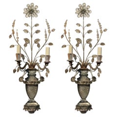 Paire d'Appliques Vintage Françaises Bagues en Cristal et Feuilles d'argent
