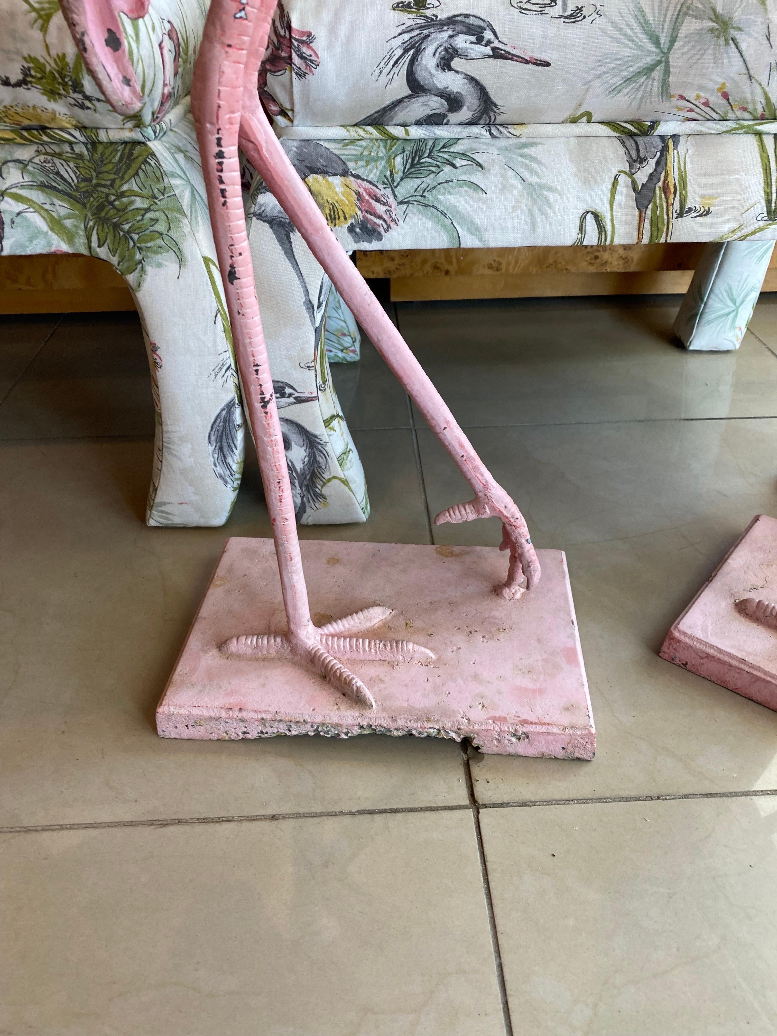 Vintage Pair of French Chippy Pink Paint Metal Large Flamingos Statues 3