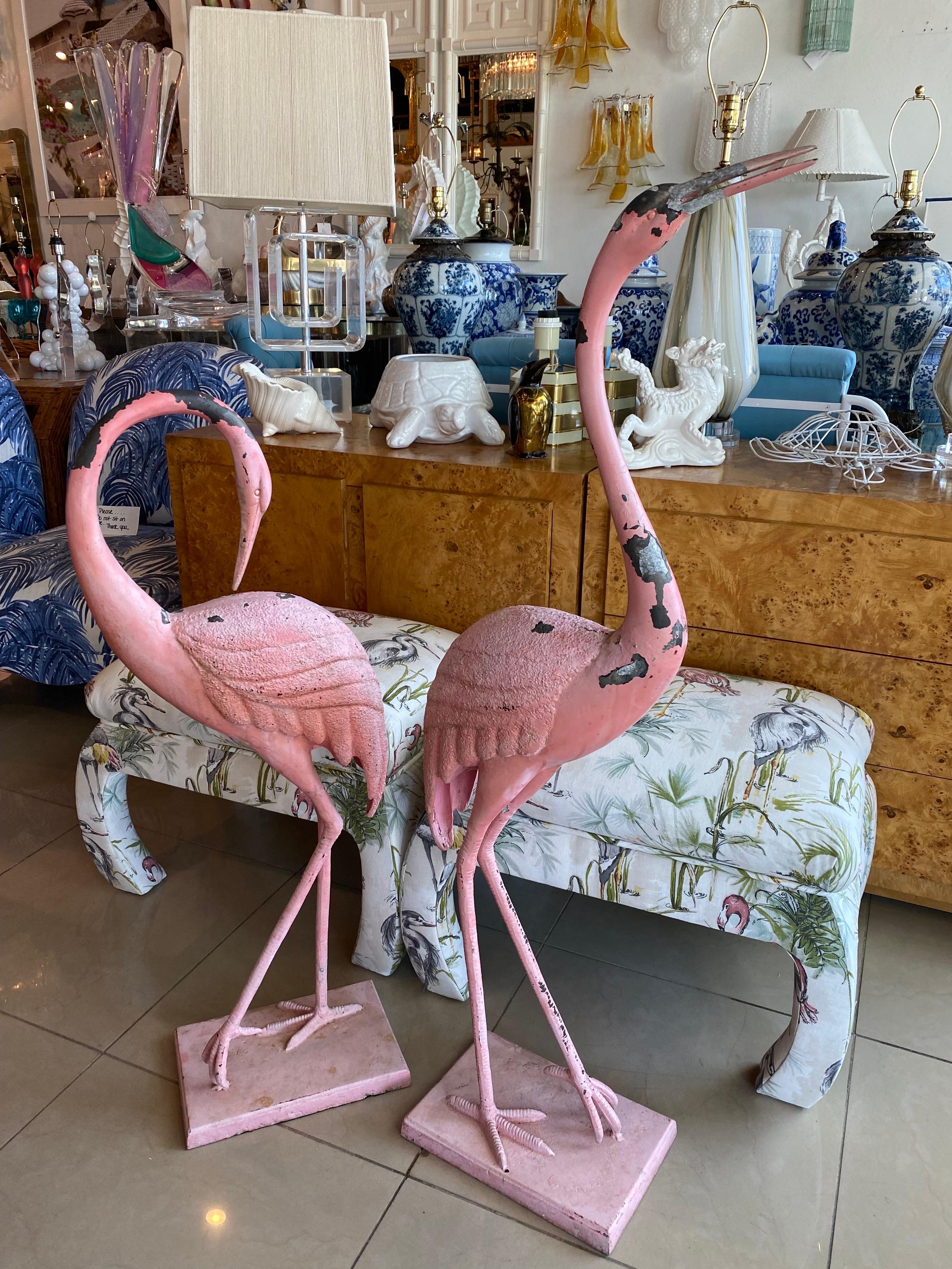Vintage Pair of French Chippy Pink Paint Metal Large Flamingos Statues 5