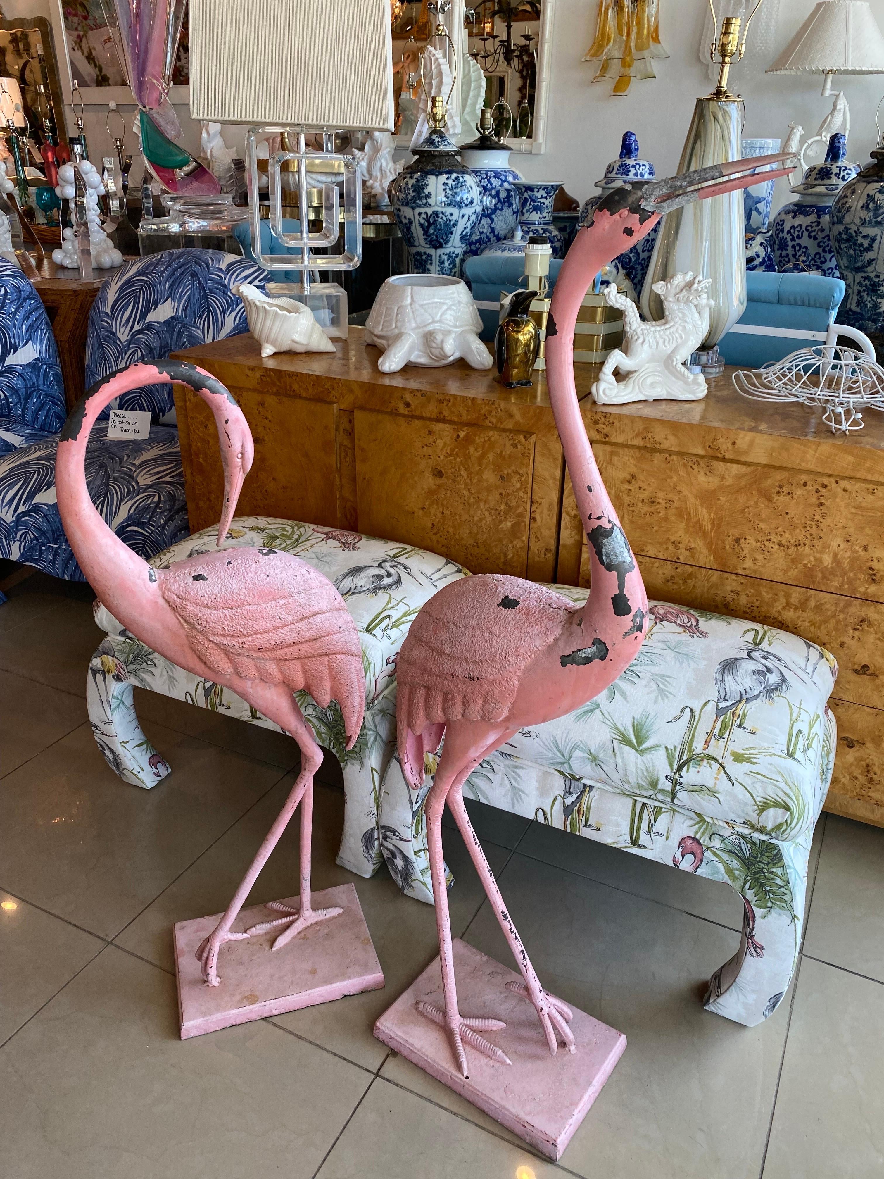 Vintage Pair of French Chippy Pink Paint Metal Large Flamingos Statues 6