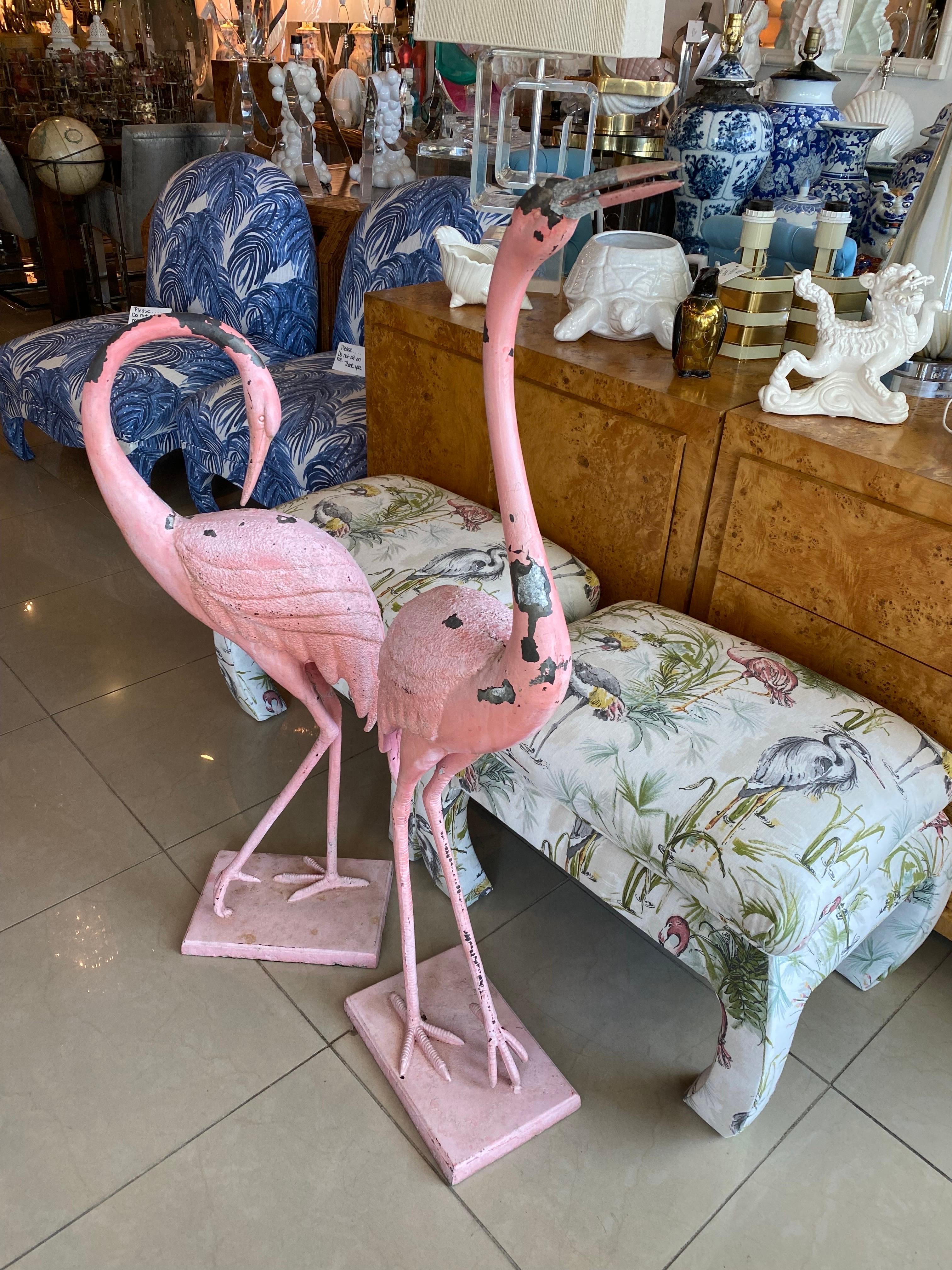 Vintage Pair of French Chippy Pink Paint Metal Large Flamingos Statues 7