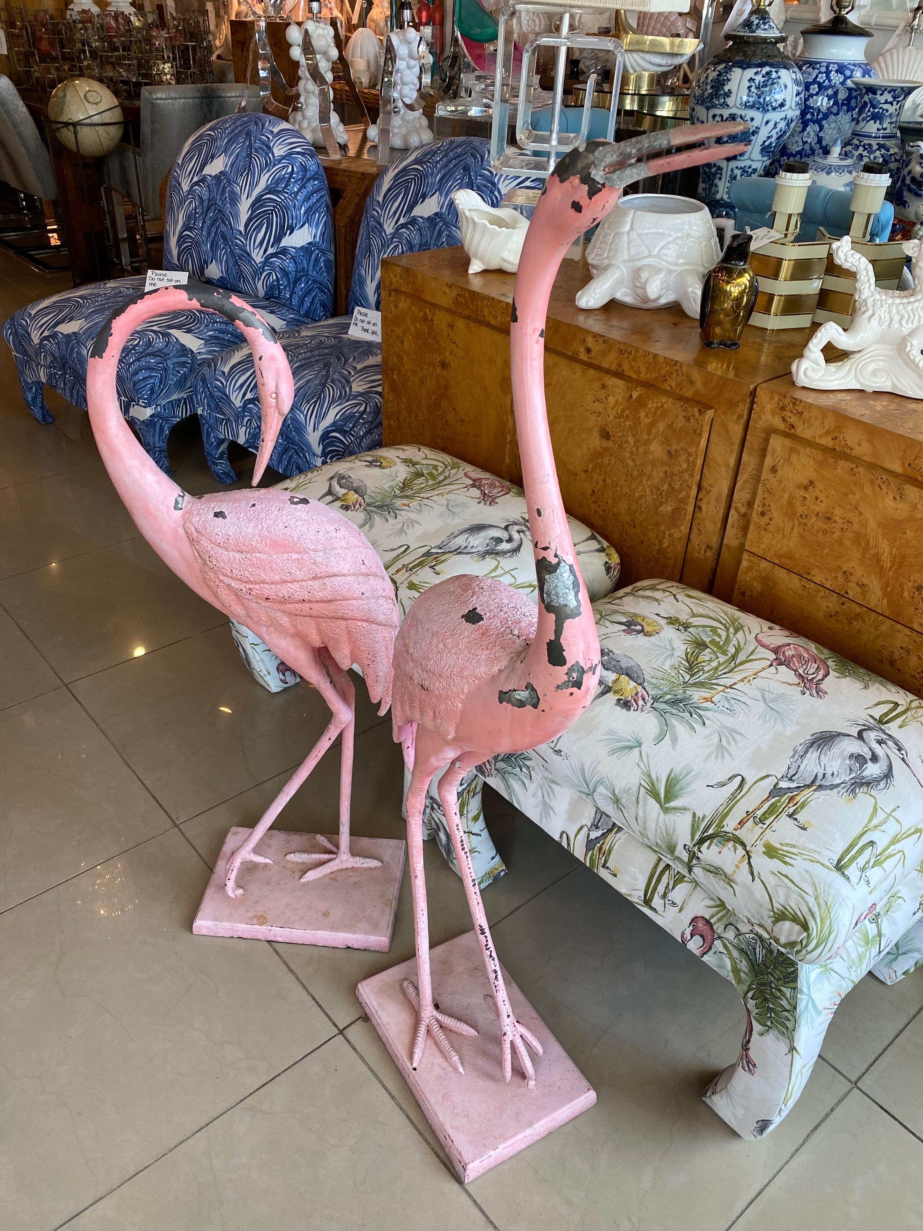 Vintage Pair of French Chippy Pink Paint Metal Large Flamingos Statues 8
