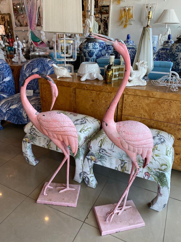 Vintage Pair of French Chippy Pink Paint Metal Large Flamingos Statues ...
