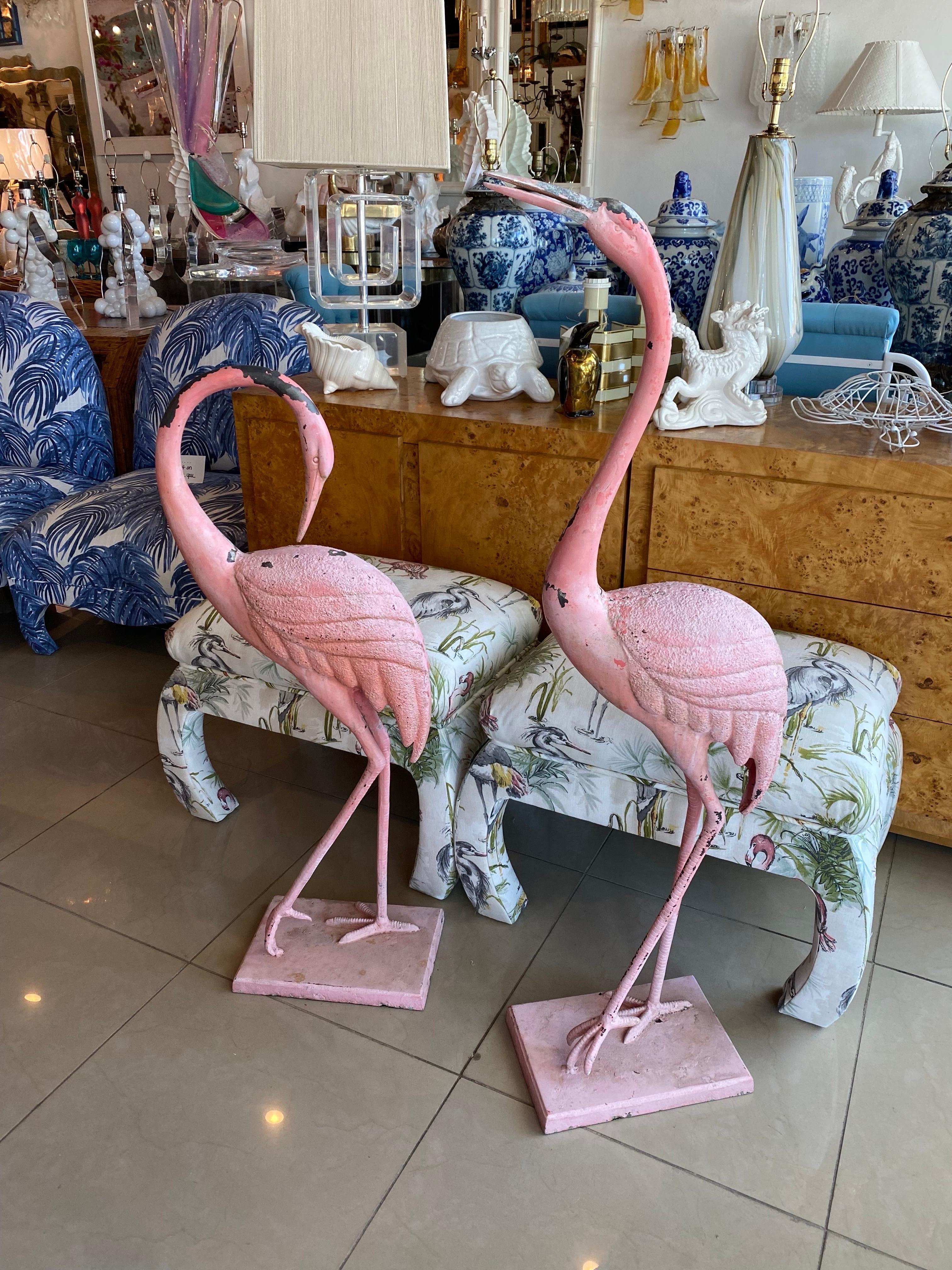 Hollywood Regency Vintage Pair of French Chippy Pink Paint Metal Large Flamingos Statues