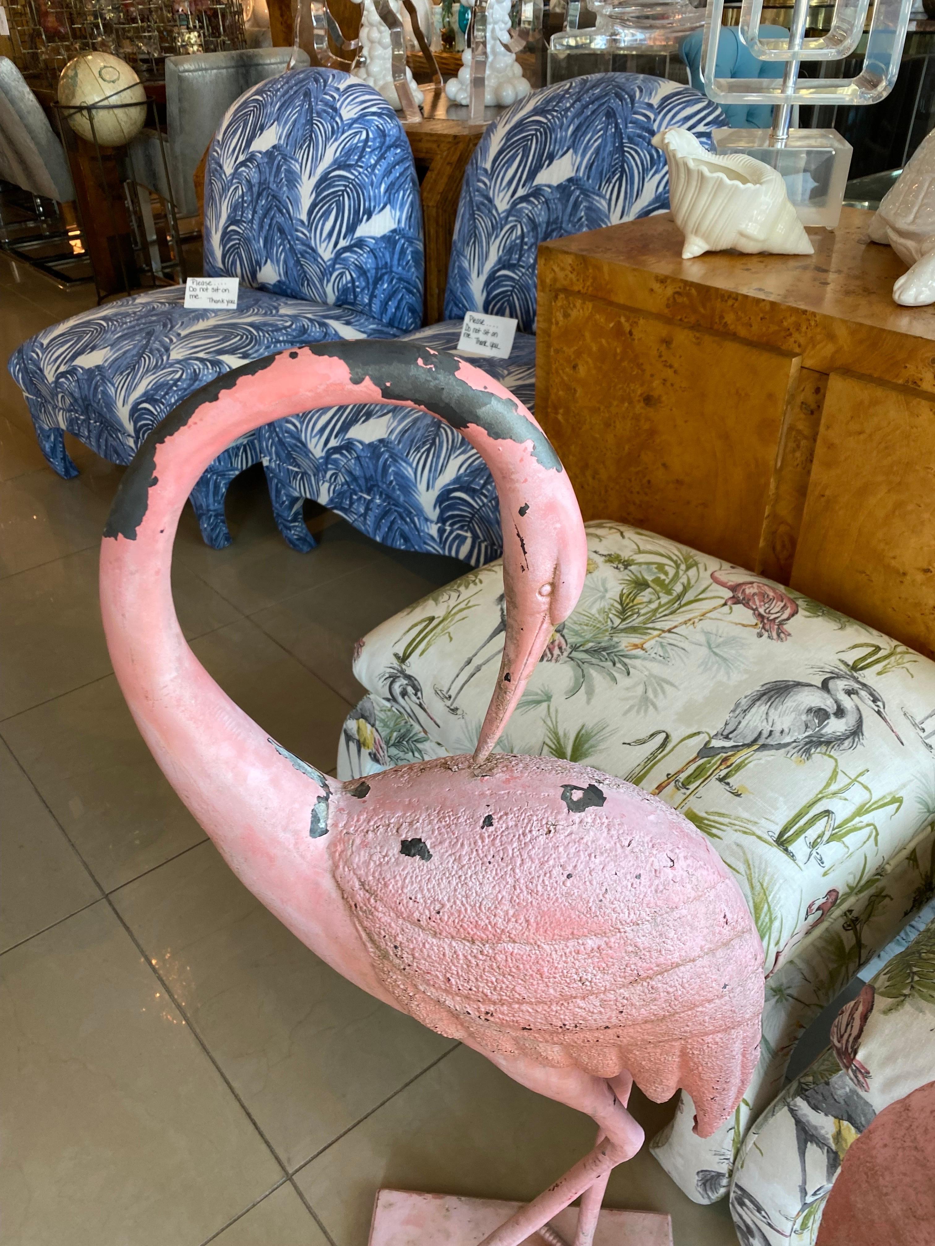 Vintage Pair of French Chippy Pink Paint Metal Large Flamingos Statues In Good Condition In West Palm Beach, FL