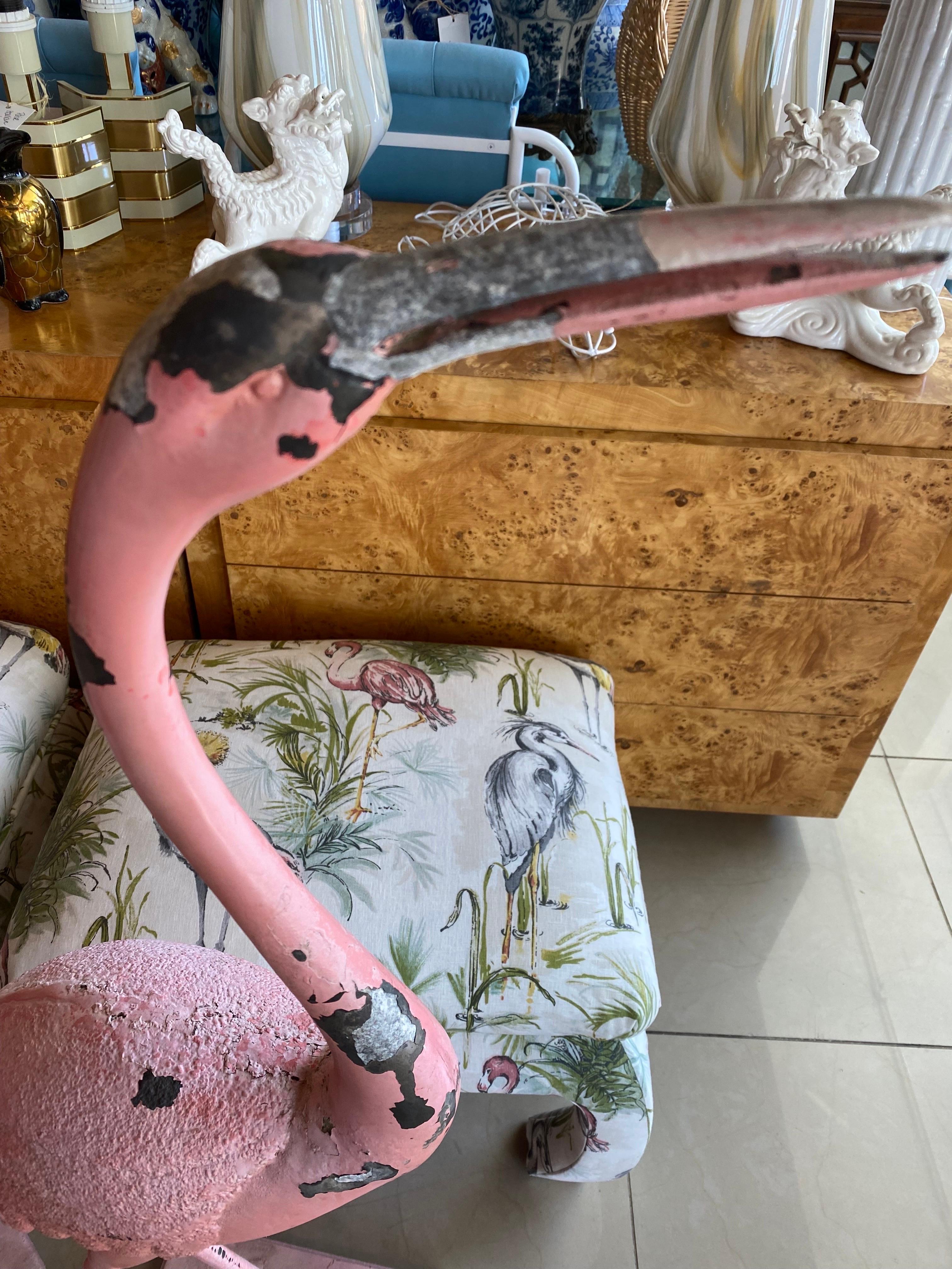 Mid-20th Century Vintage Pair of French Chippy Pink Paint Metal Large Flamingos Statues
