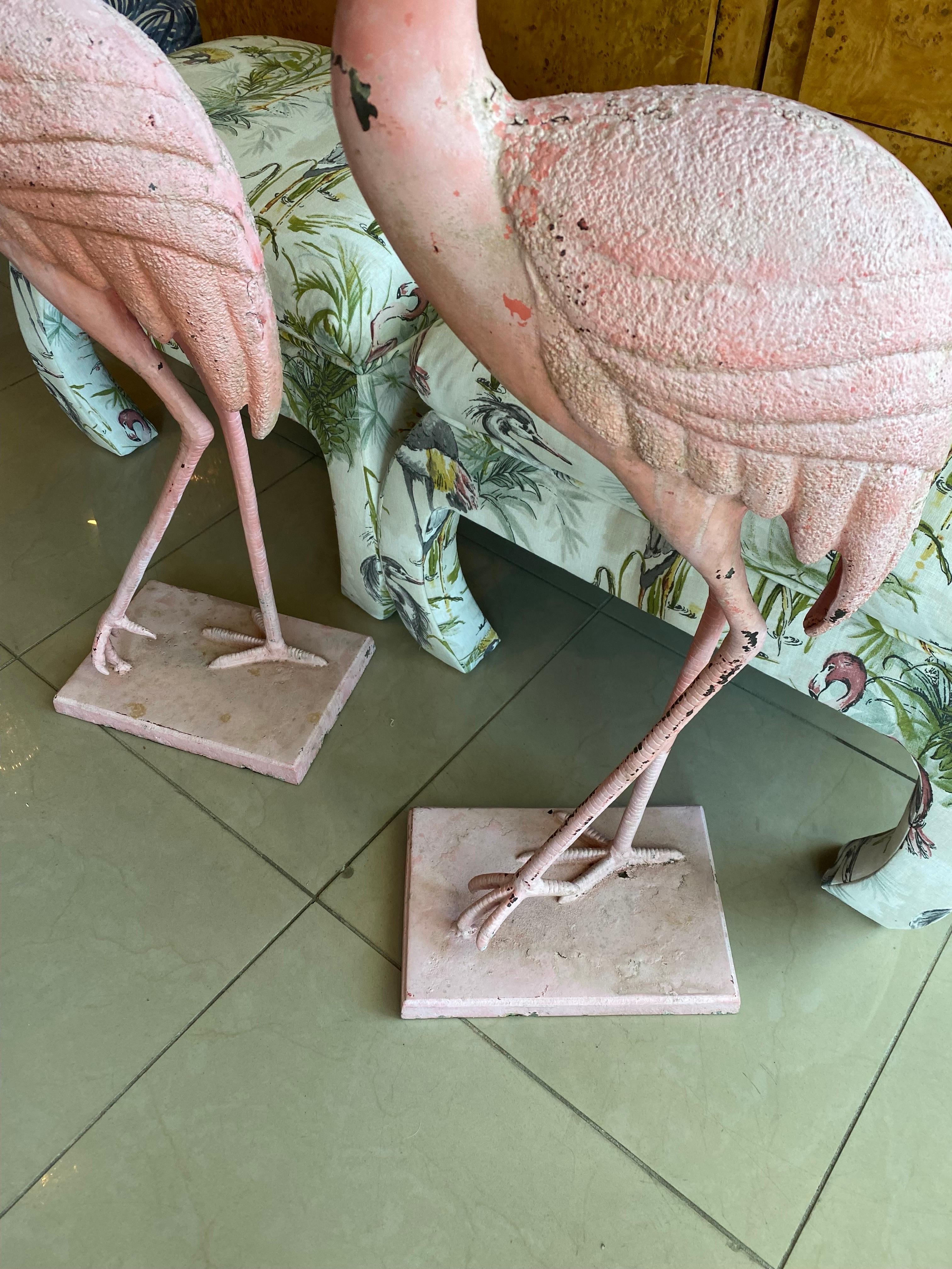 Vintage Pair of French Chippy Pink Paint Metal Large Flamingos Statues 1