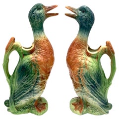 Retro Pair of French Duck Water Pitcherts Jugs St. Clement Ceramic Faience