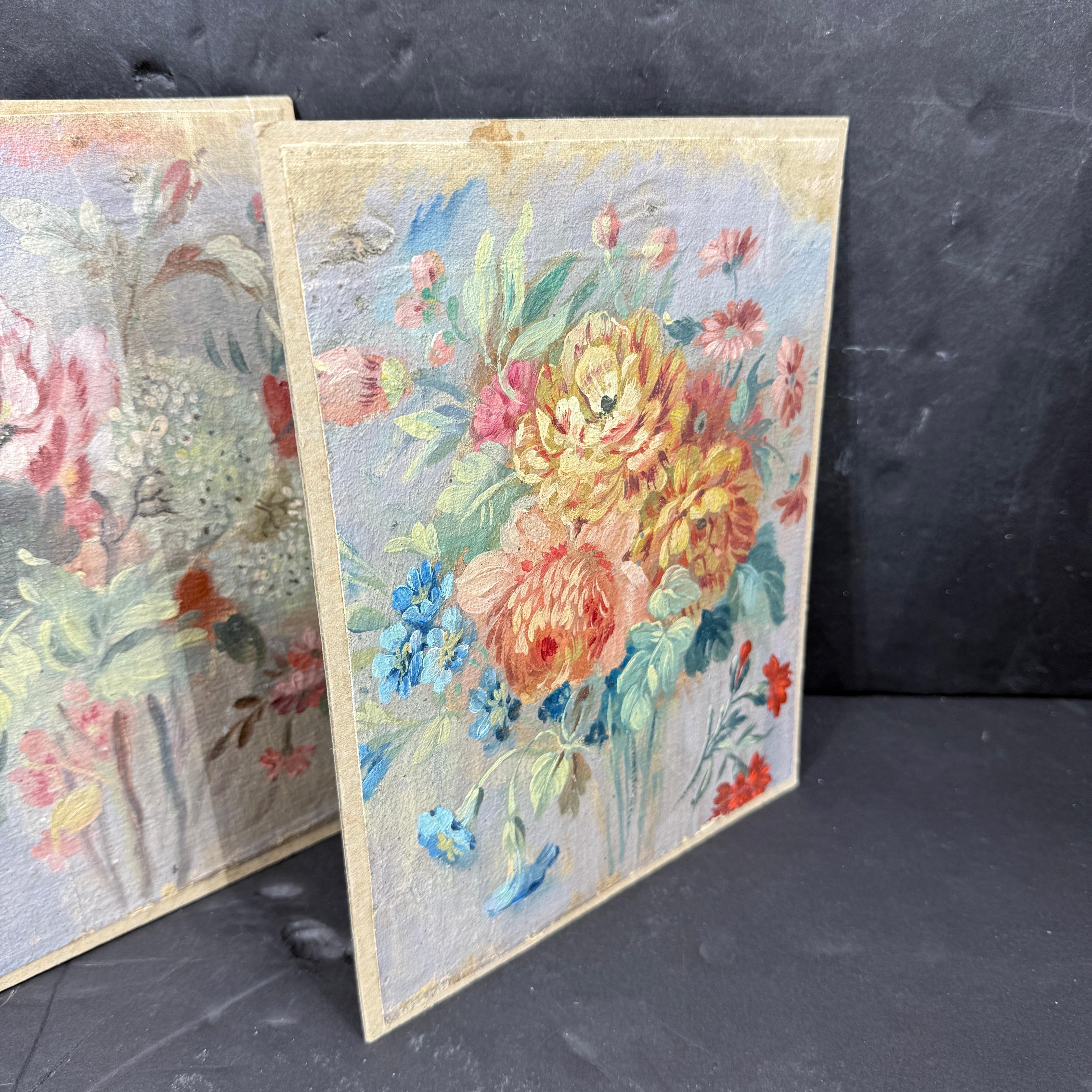 Paar französische geblümte Ölgemälde auf Leinwand, Vintage (Französische Provence) im Angebot