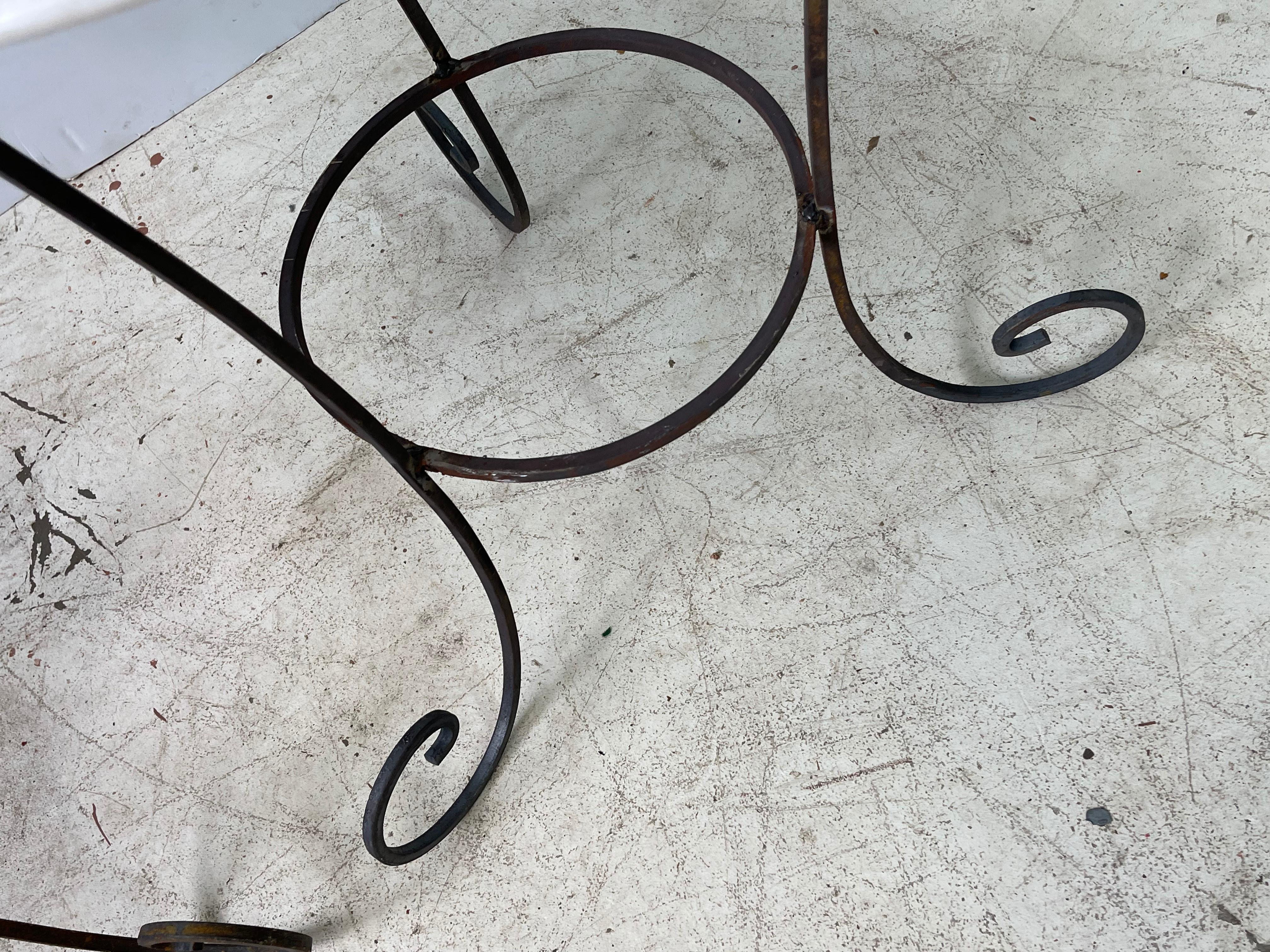 Vintage Pair of French Forged Iron Side Tables with White Marble Tops 4