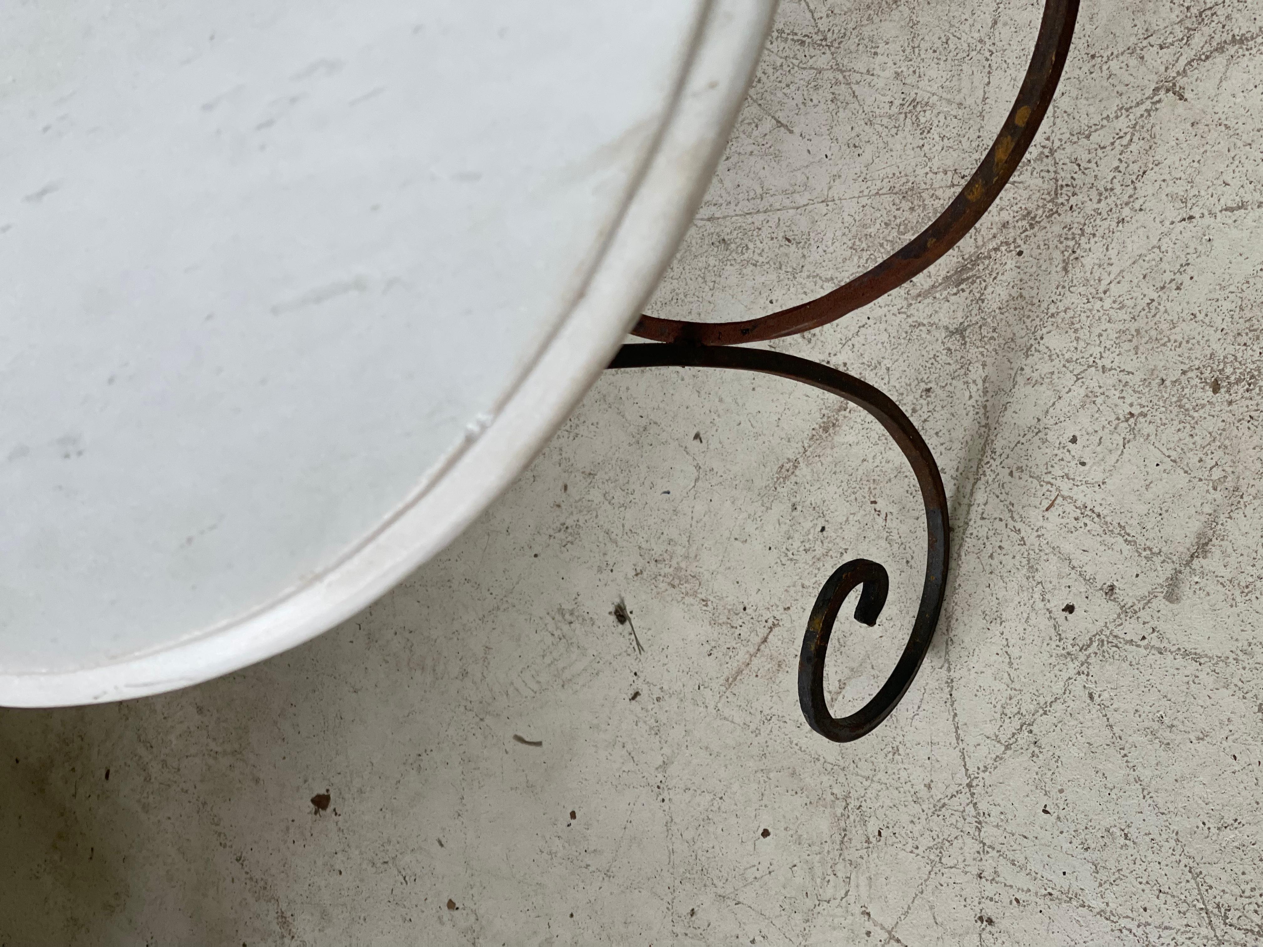 Vintage Pair of French Forged Iron Side Tables with White Marble Tops 5