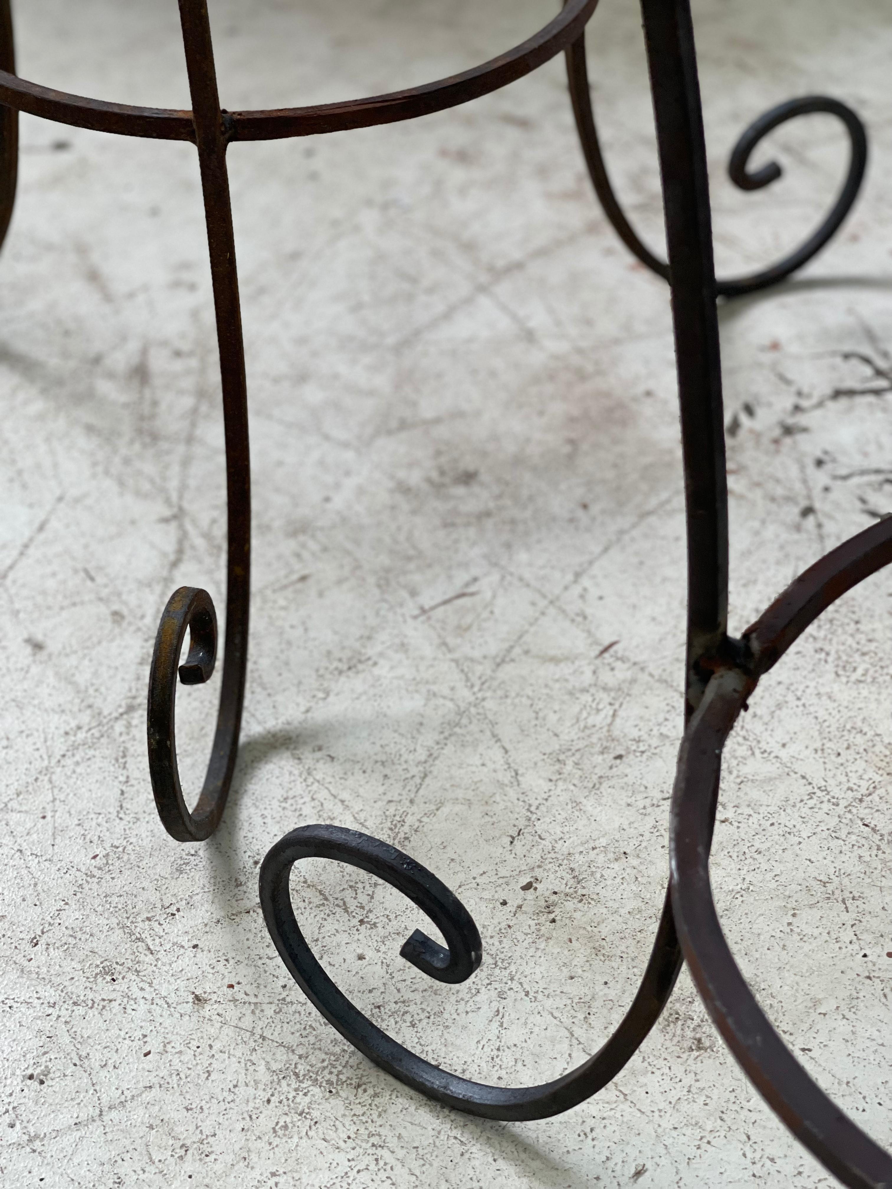 Vintage Pair of French Forged Iron Side Tables with White Marble Tops 8