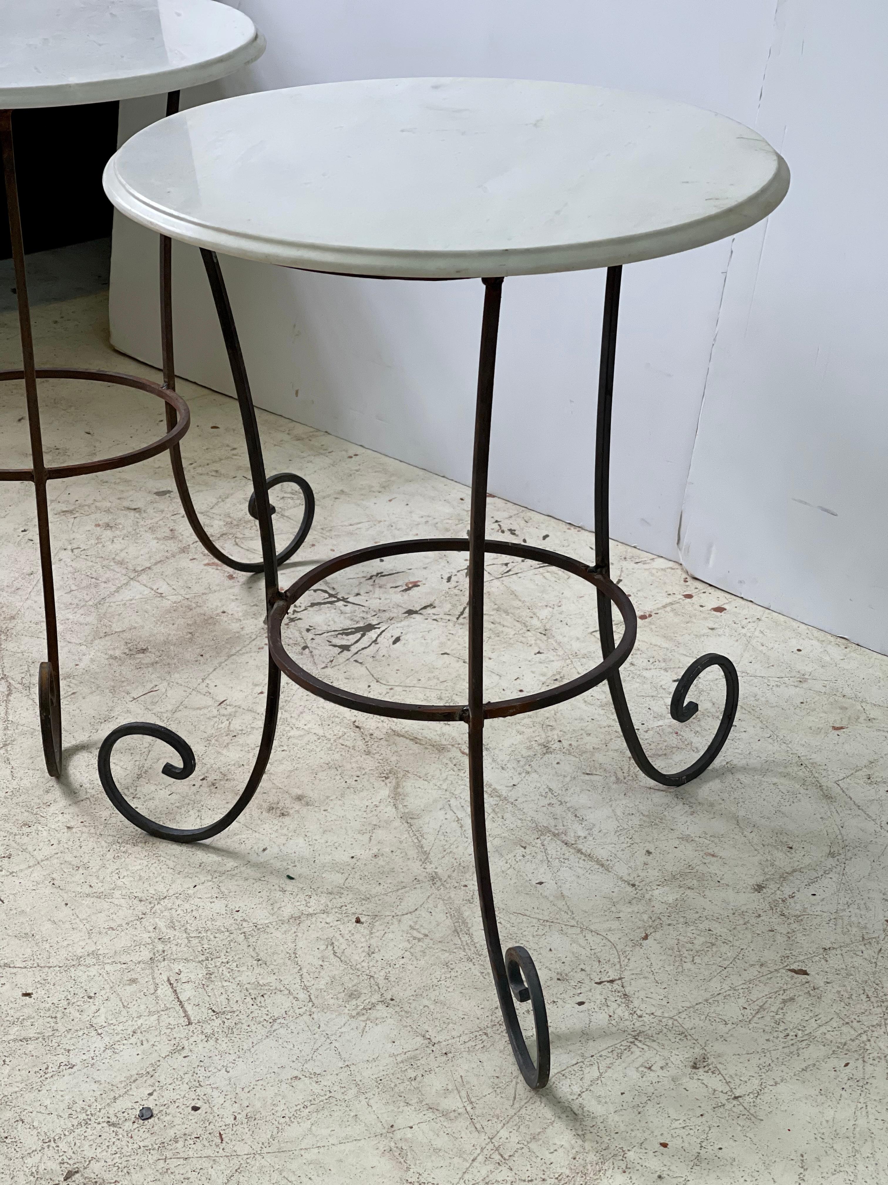Vintage Pair of French Forged Iron Side Tables with White Marble Tops 9