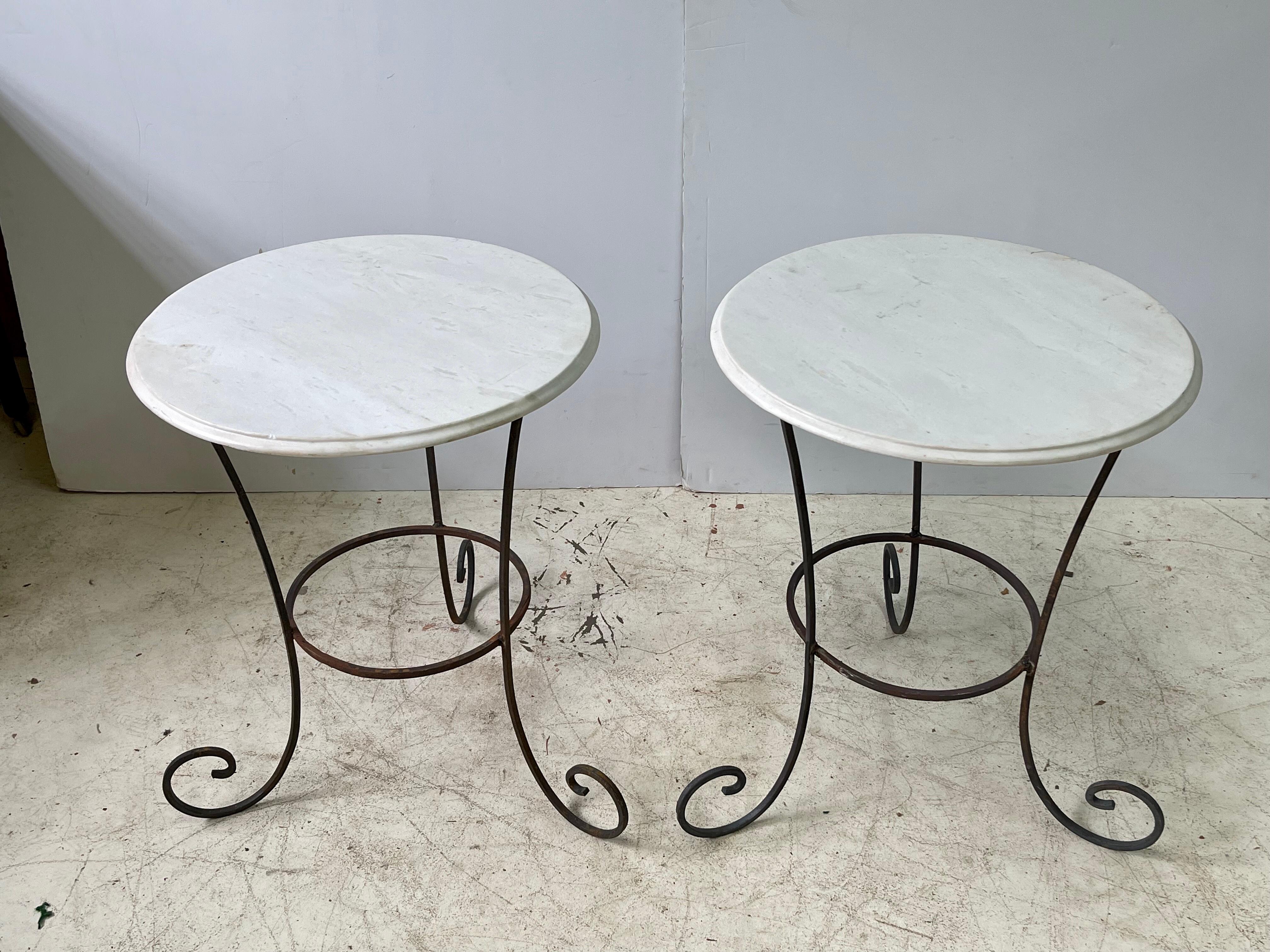 Vintage Pair of French Forged Iron Side Tables with White Marble Tops 10