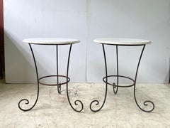 Vintage Pair of French Forged Iron Side Tables with White Marble Tops