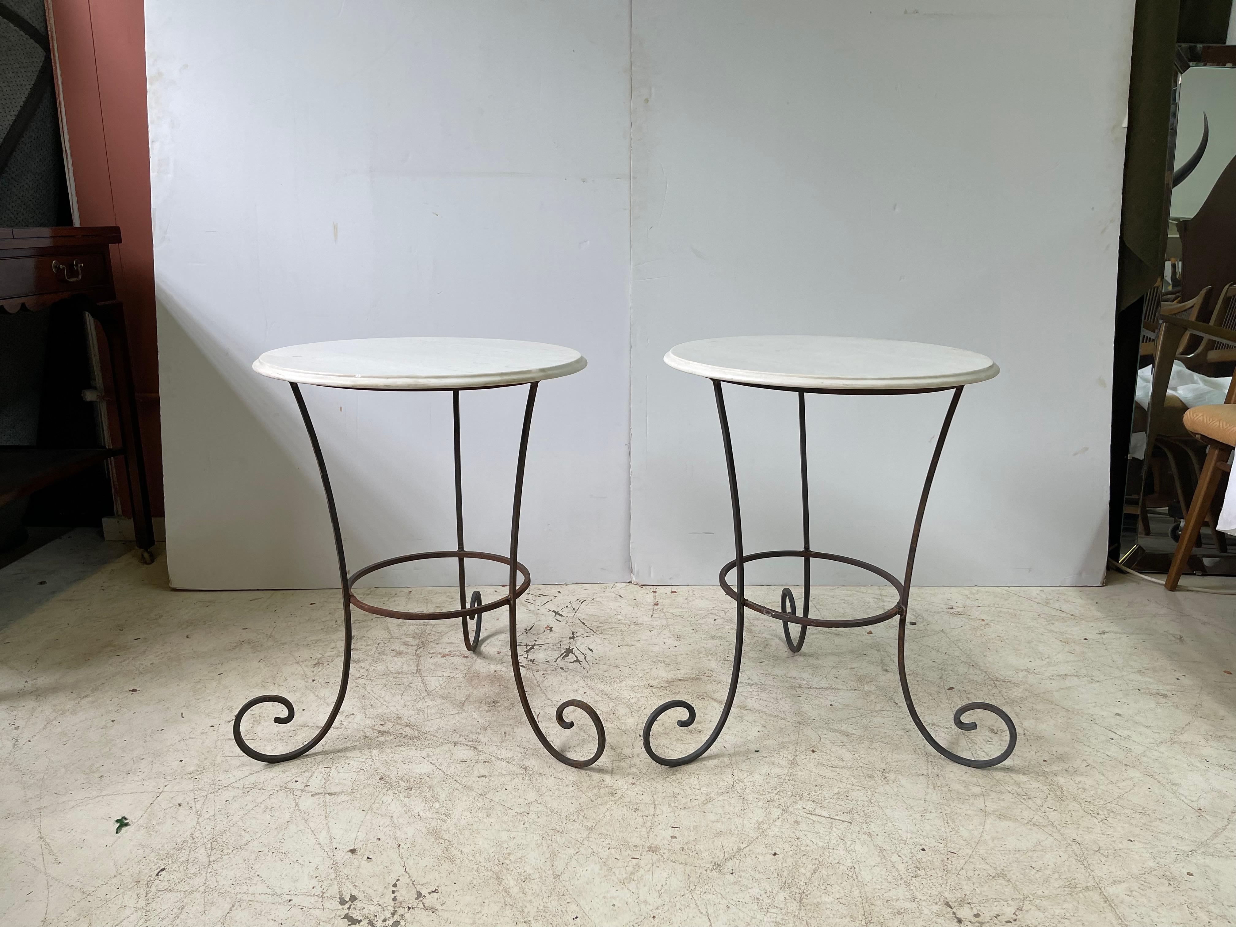 Louis XV Vintage Pair of French Forged Iron Side Tables with White Marble Tops