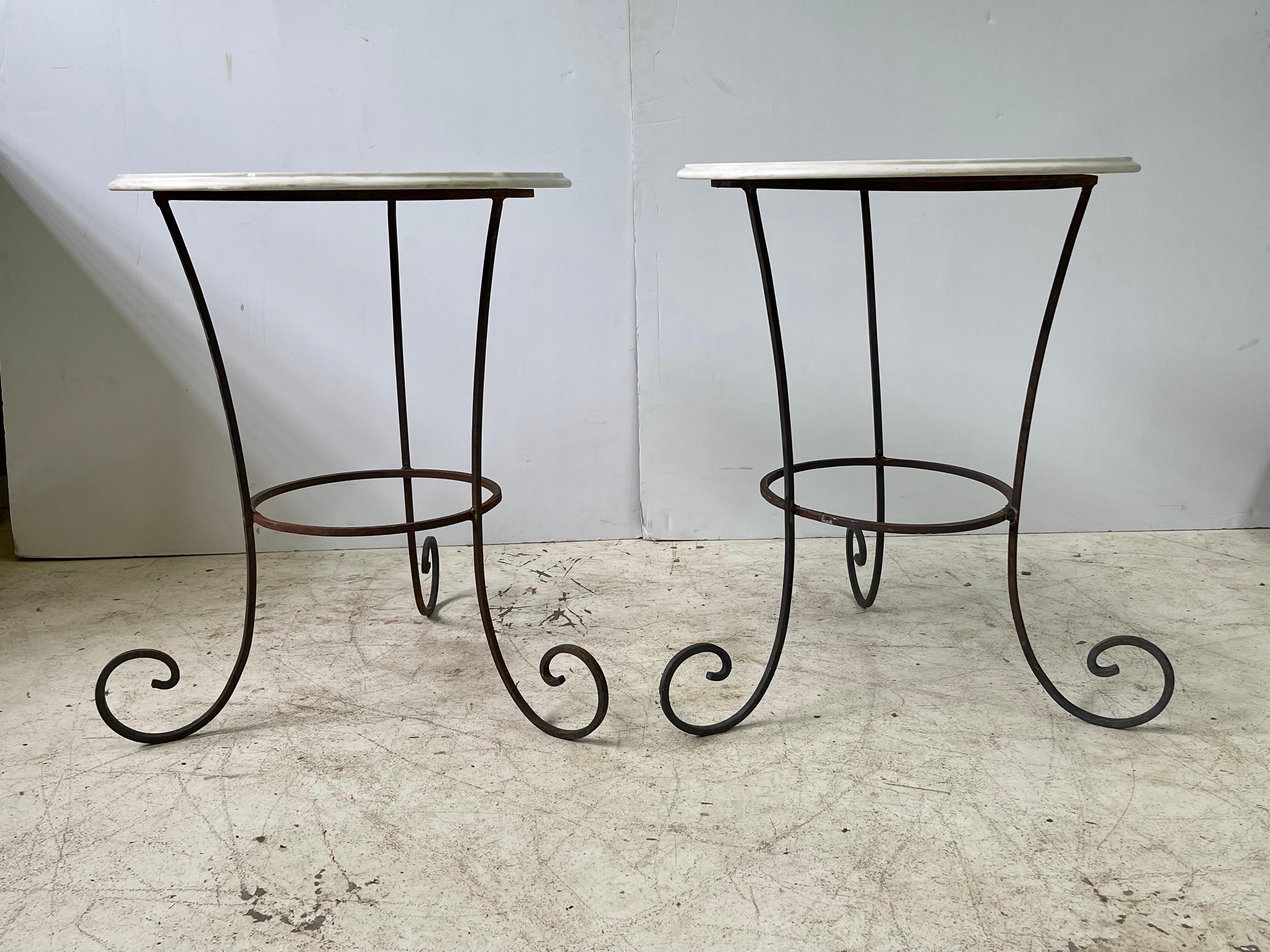 20th Century Vintage Pair of French Forged Iron Side Tables with White Marble Tops