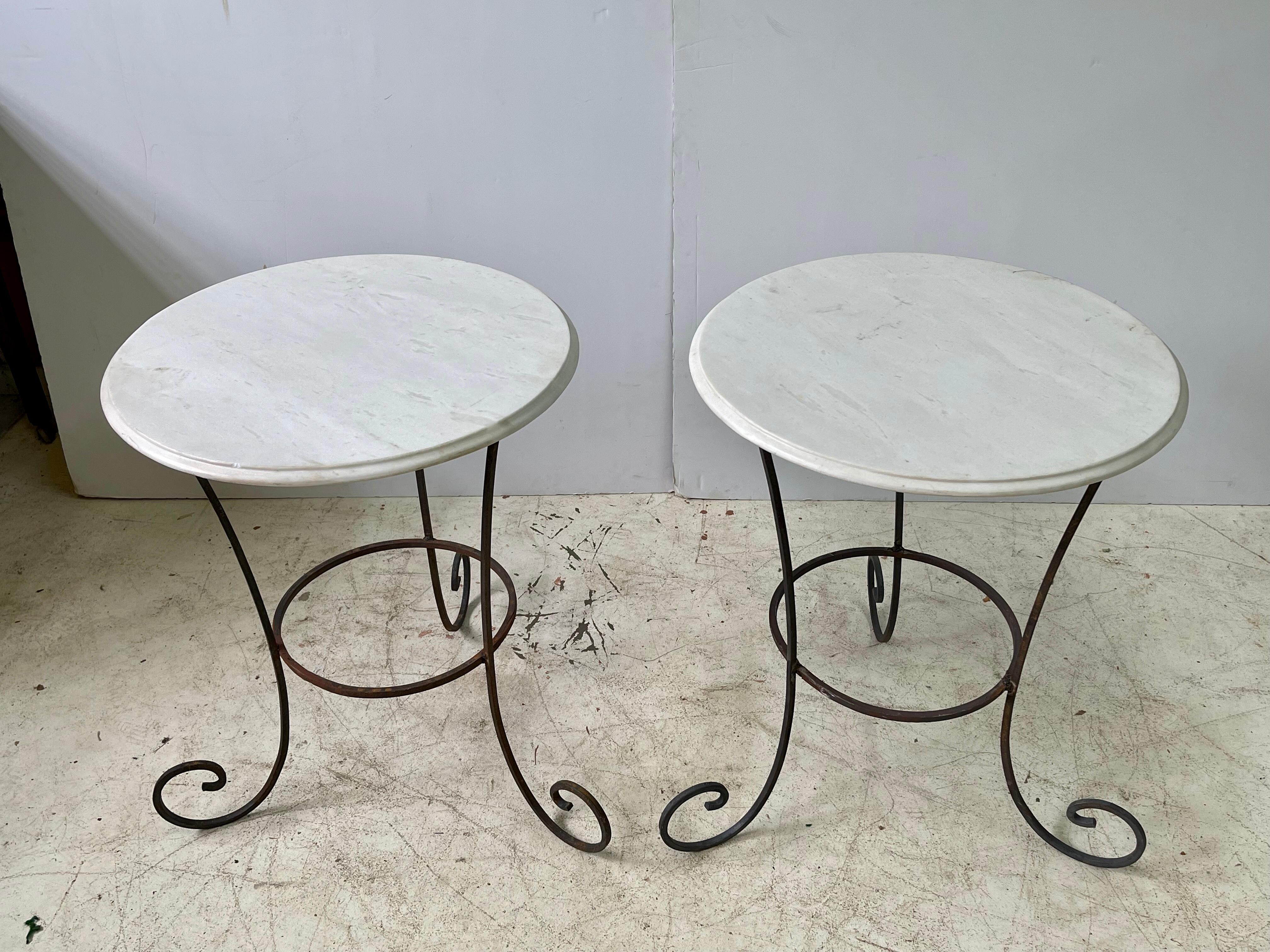 Wrought Iron Vintage Pair of French Forged Iron Side Tables with White Marble Tops
