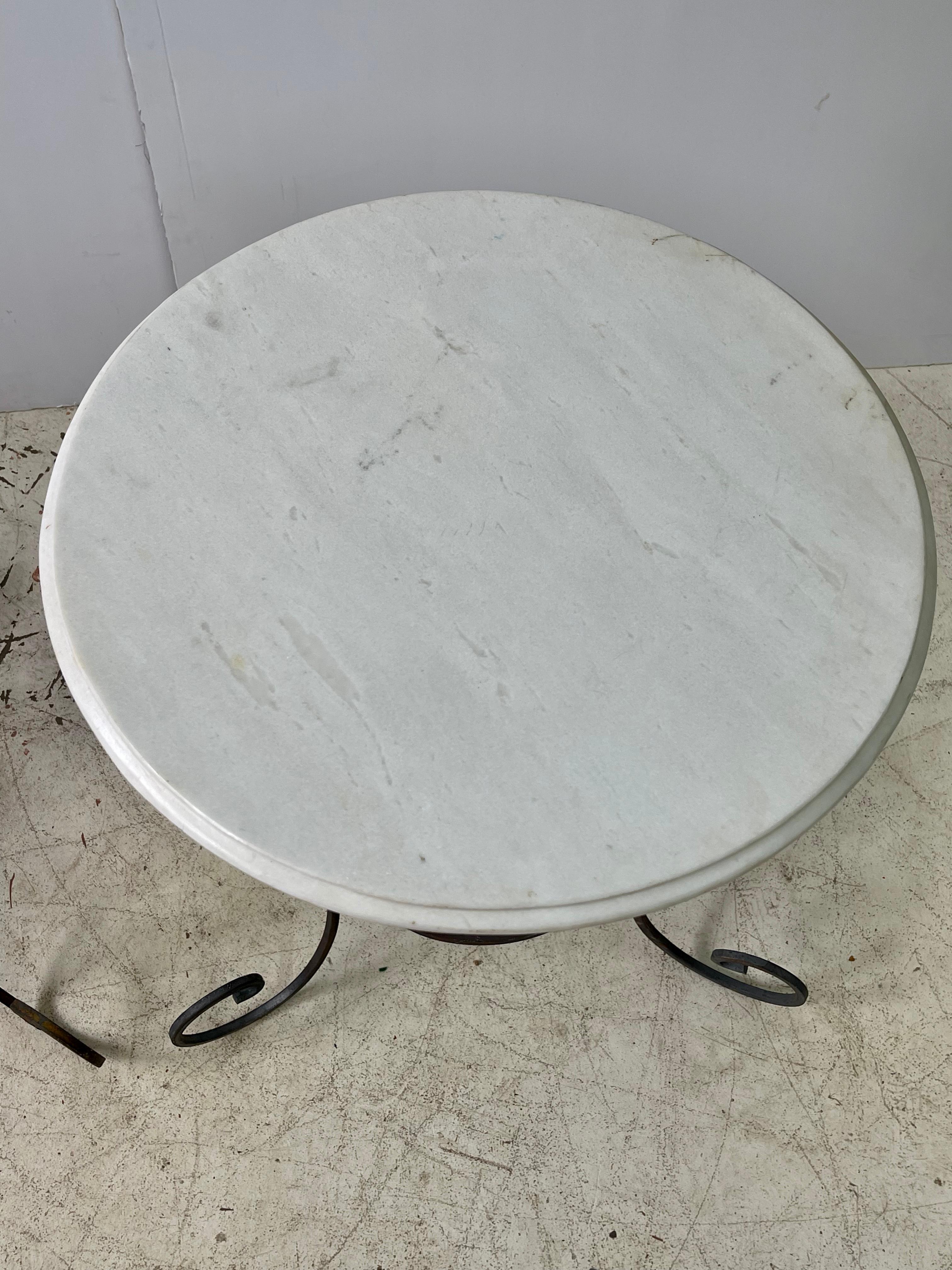 Vintage Pair of French Forged Iron Side Tables with White Marble Tops 3