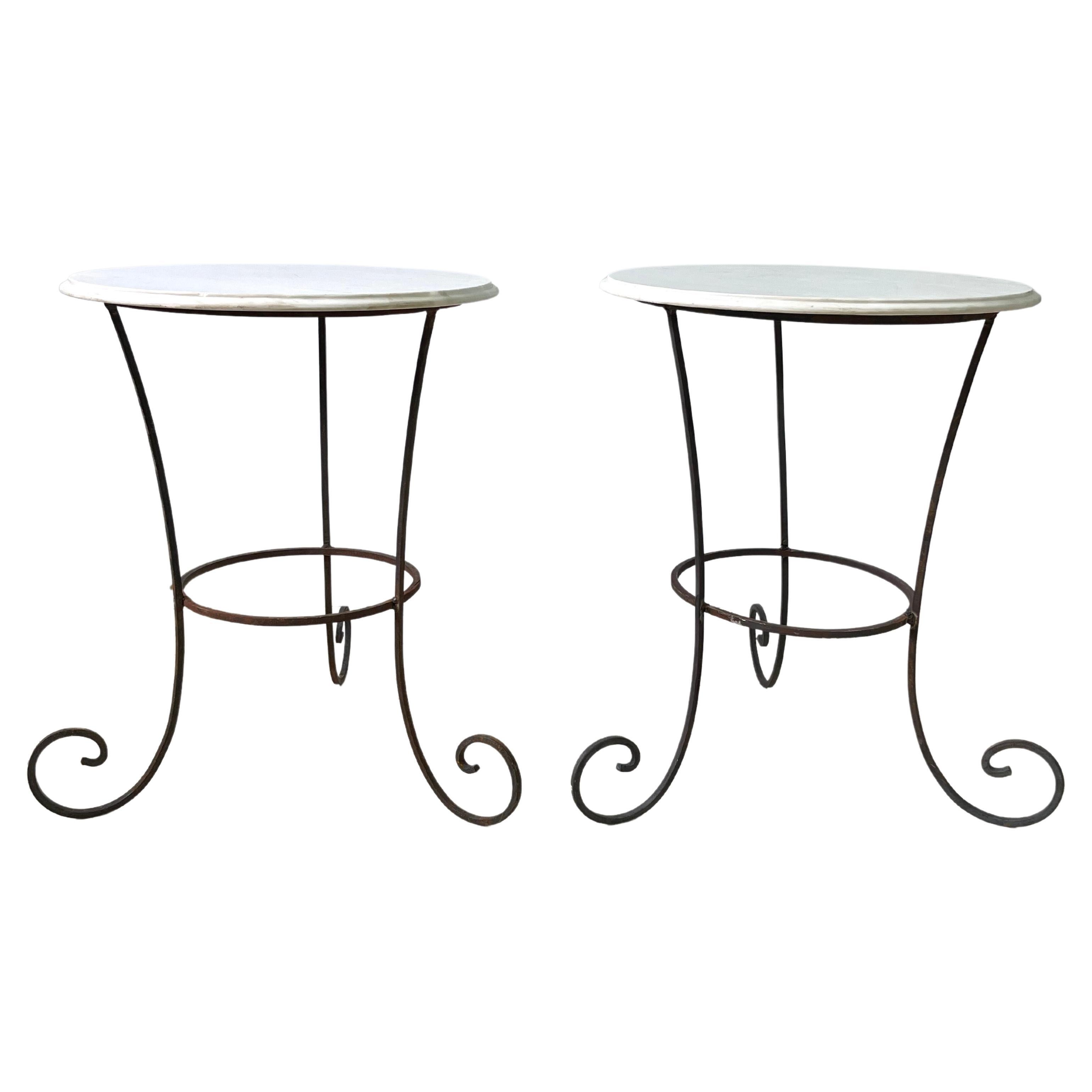 Vintage Pair of French Forged Iron Side Tables with White Marble Tops