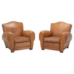 Vintage Pair of French Leather Club Chairs Restored Internally Original Leather