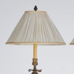 Vintage Pair of French Louis XV Style Bronze and Crystal Stick Lamps with Shades