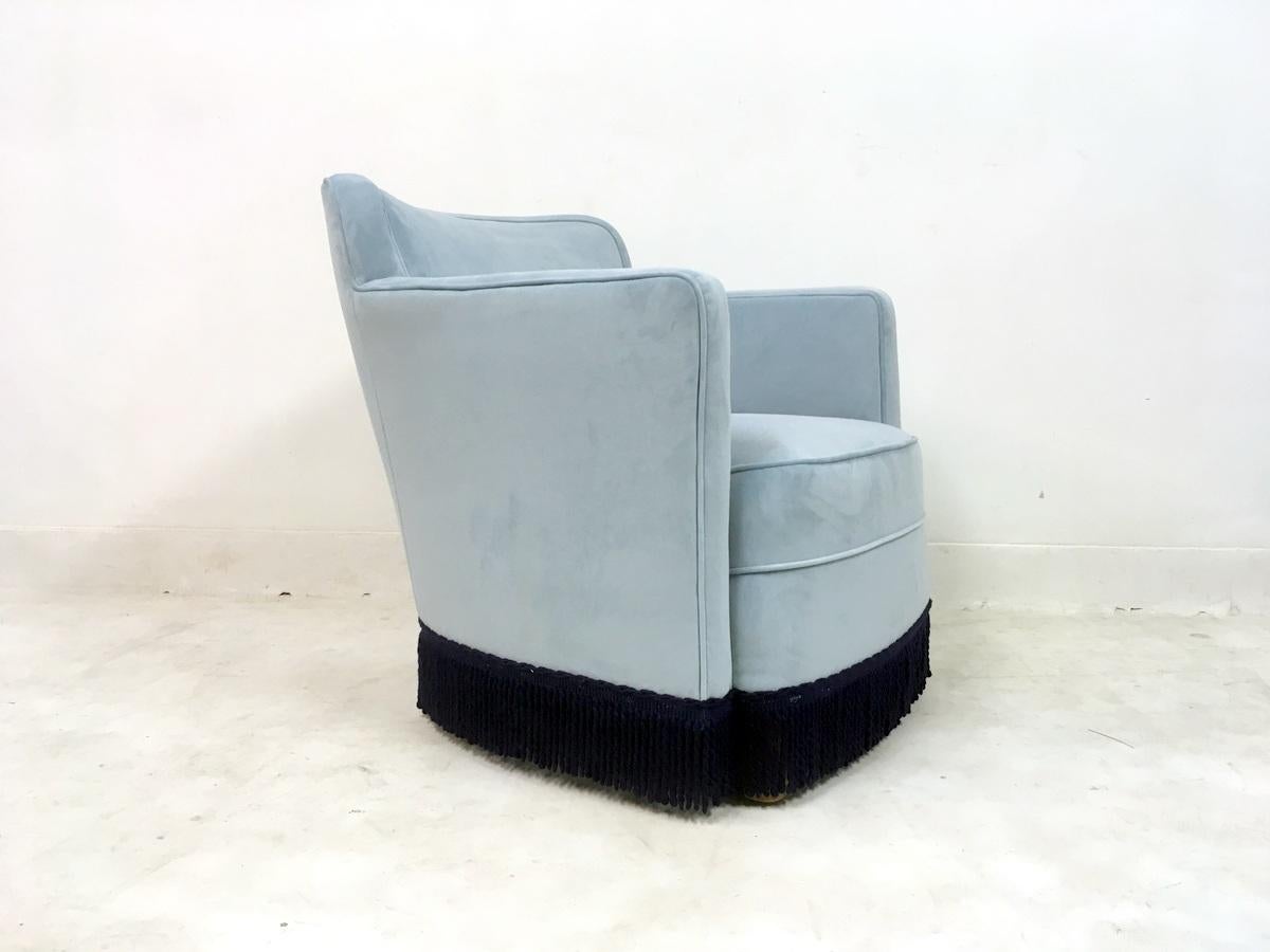 Vintage Pair of French Lounge Chairs in Blue Velvet, 1940s 5