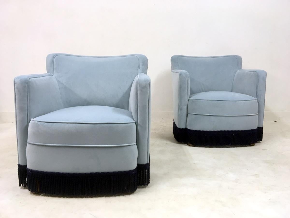 Vintage Pair of French Lounge Chairs in Blue Velvet, 1940s In Good Condition In London, London
