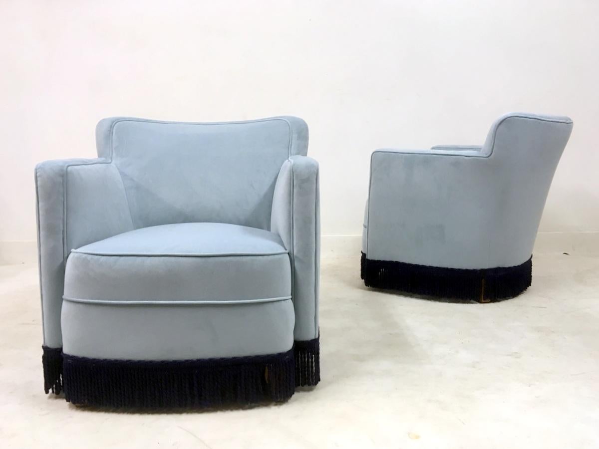 Vintage Pair of French Lounge Chairs in Blue Velvet, 1940s 2