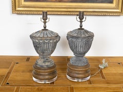Vintage Pair of French Midcentury Iron Lamps on Wood and Lucite Bases, US Wired
