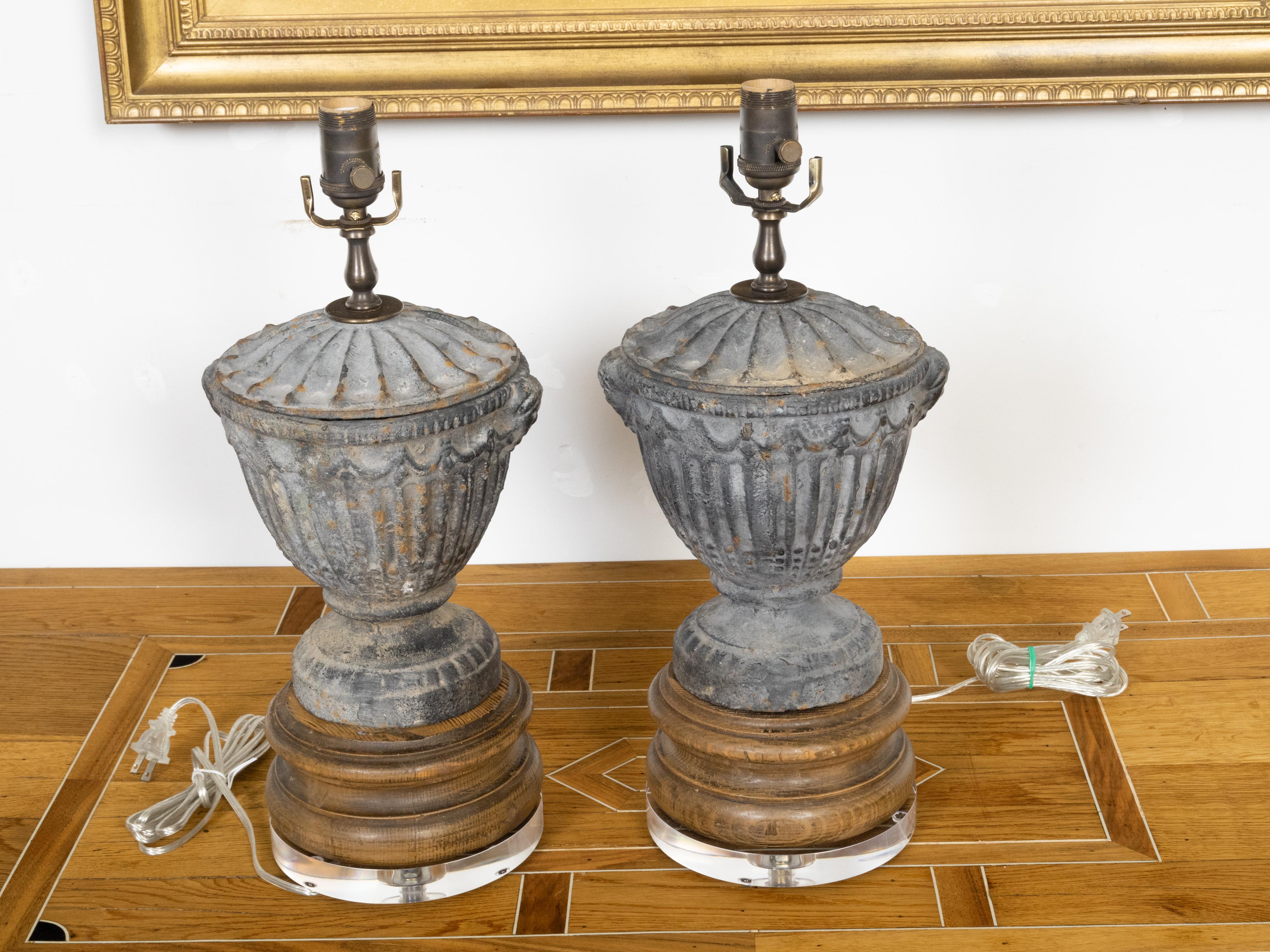 Turned Vintage Pair of French Midcentury Iron Lamps on Wood and Lucite Bases, US Wired