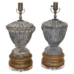 Vintage Pair of French Midcentury Iron Lamps on Wood and Lucite Bases, US Wired