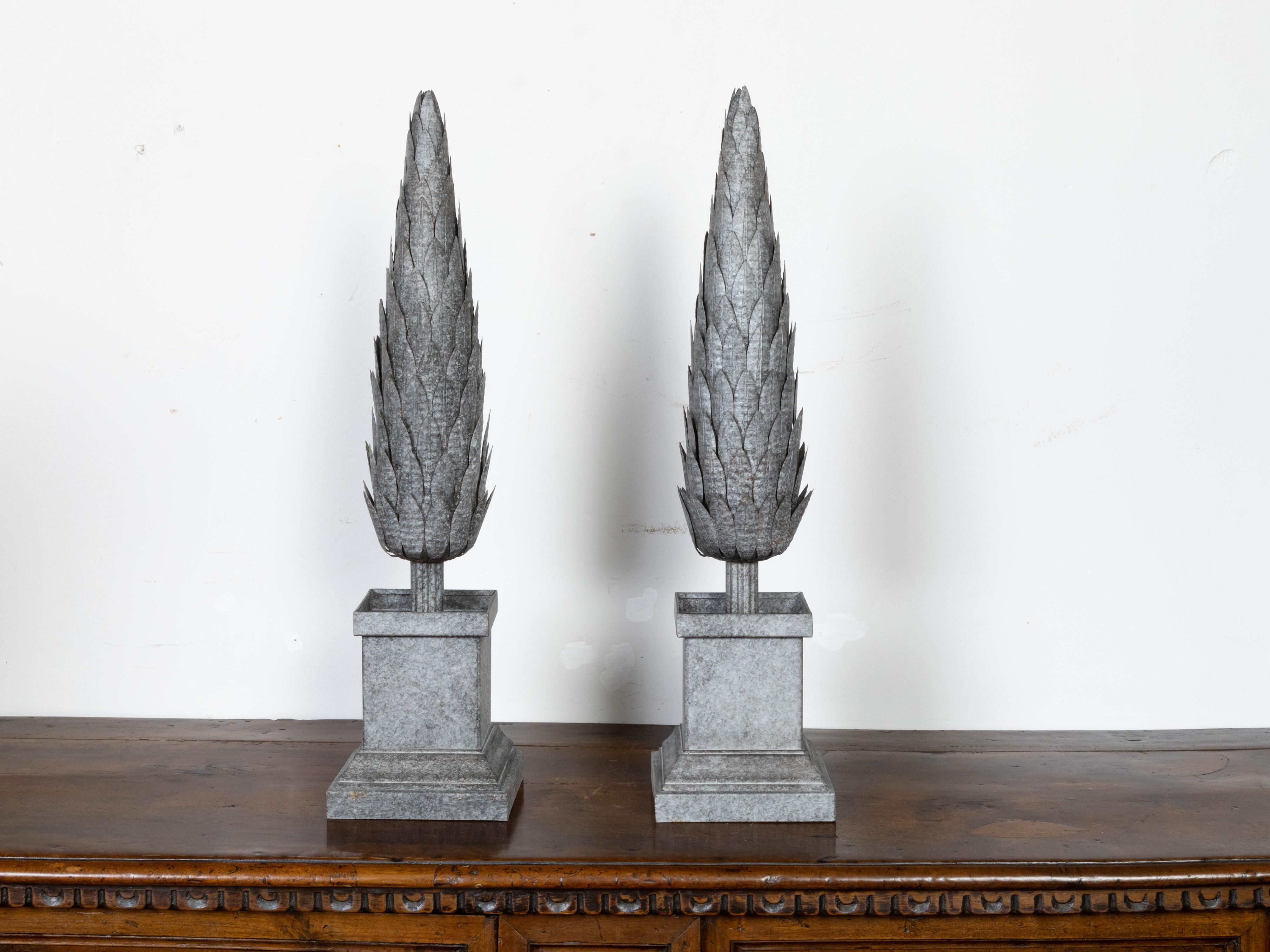 Mid-Century Modern Vintage Pair of French Midcentury Zinc Topiary Sculptures with Stepped Bases For Sale