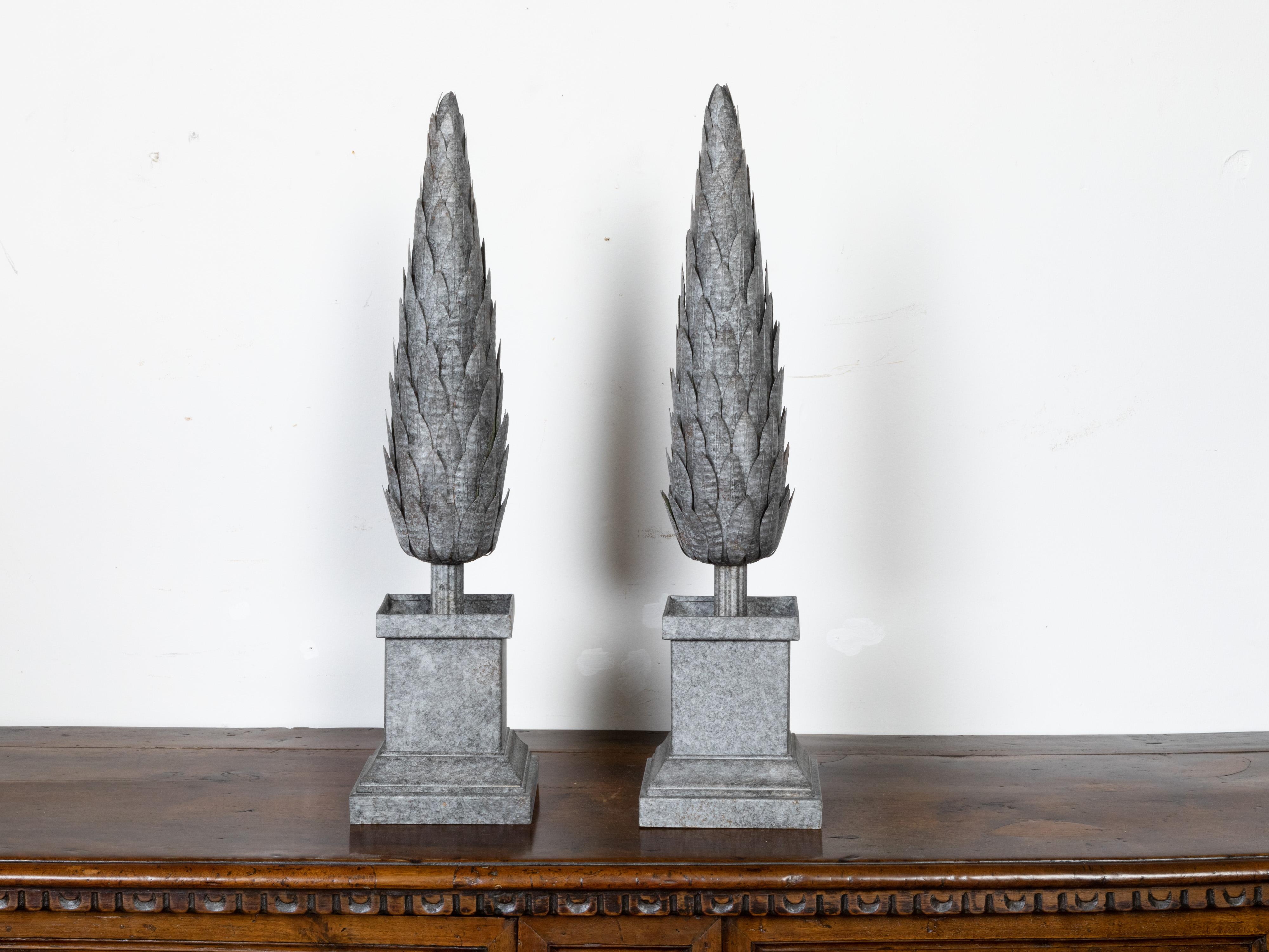 Vintage Pair of French Midcentury Zinc Topiary Sculptures with Stepped Bases In Good Condition For Sale In Atlanta, GA