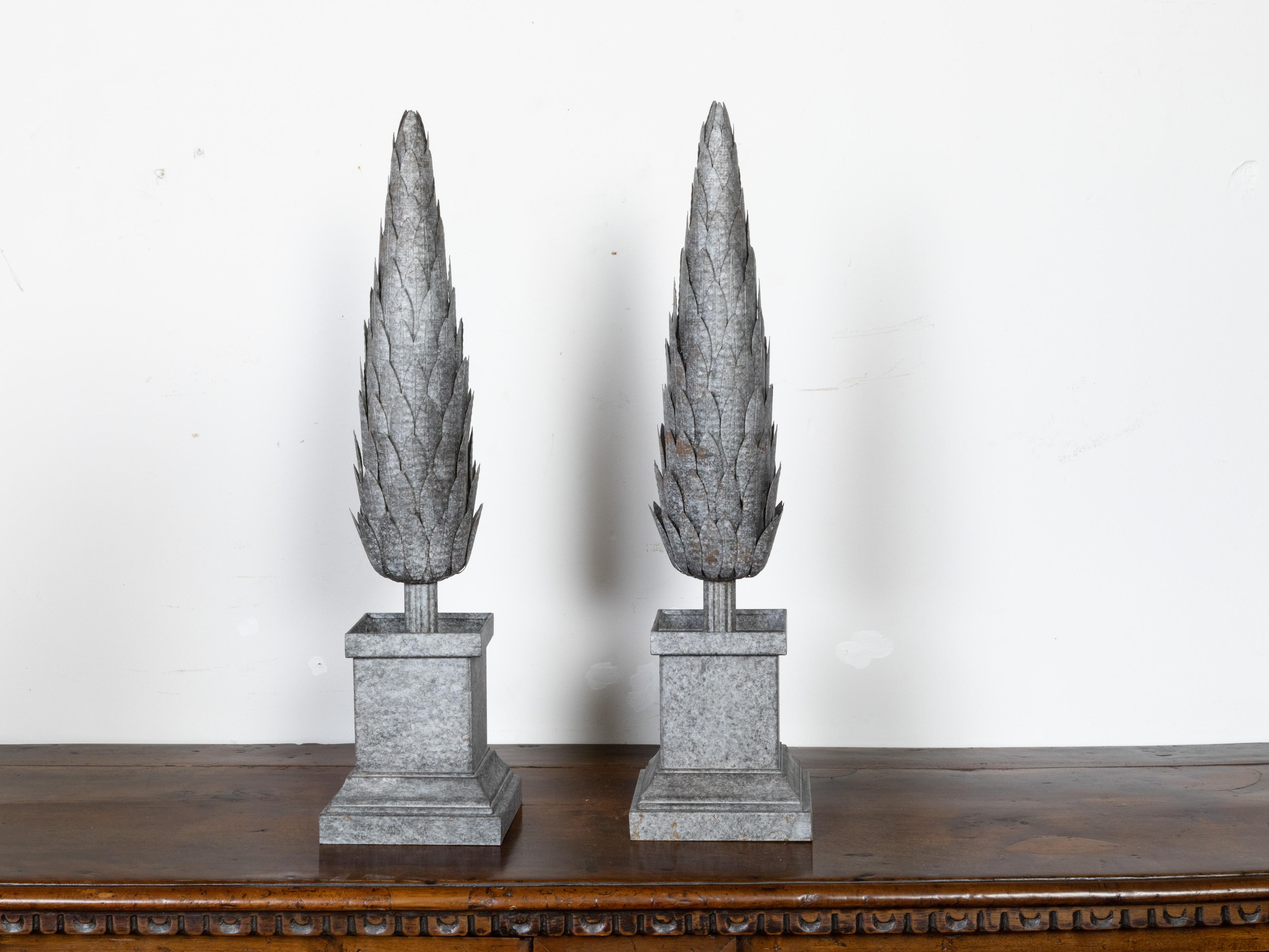 20th Century Vintage Pair of French Midcentury Zinc Topiary Sculptures with Stepped Bases For Sale