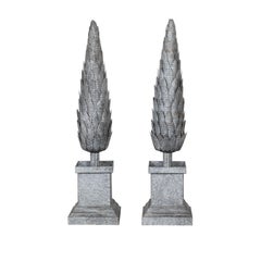 Vintage Pair of French Midcentury Zinc Topiary Sculptures with Stepped Bases