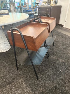Vintage Pair of French Modernist Wood & Perforated Metal Night-tables