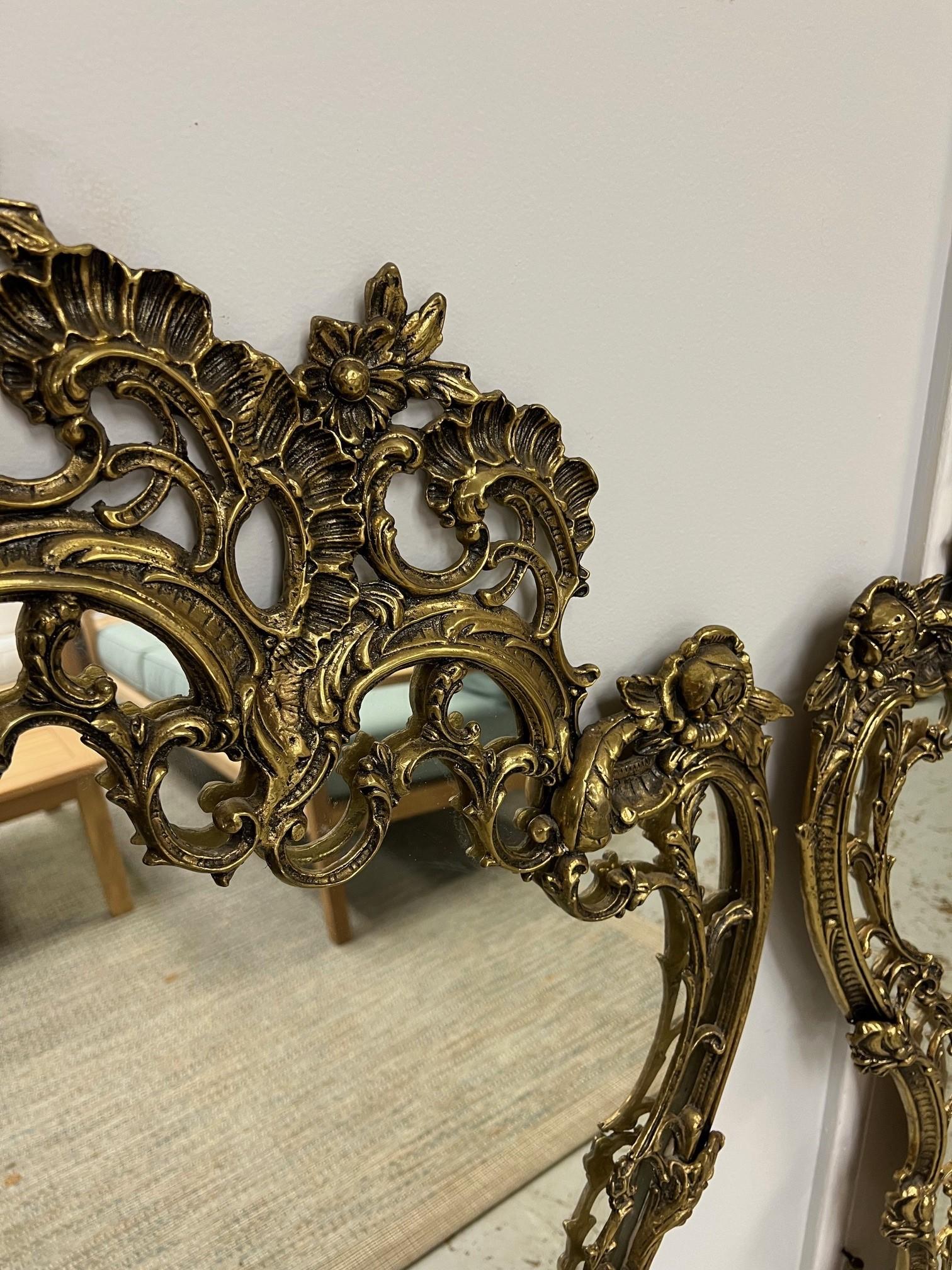 Vintage Pair of French Rococo Style Mirrors Brass Frames    For Sale 4