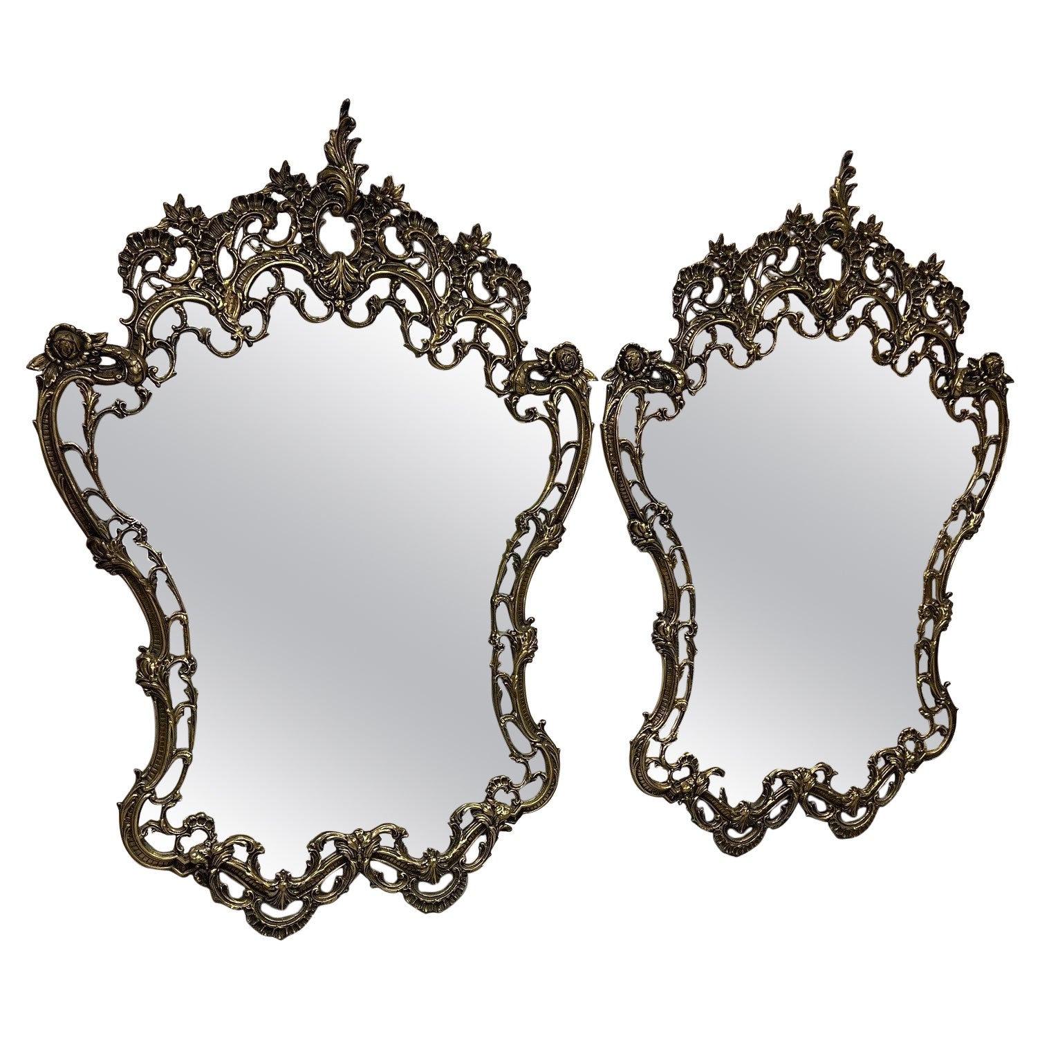 Vintage Pair of French Rococo Style Mirrors Brass Frames