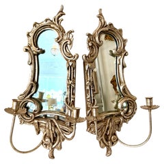 Coppia di applique da parete vintage in stile rococò francese, in argento dorato, con specchi contrapposti