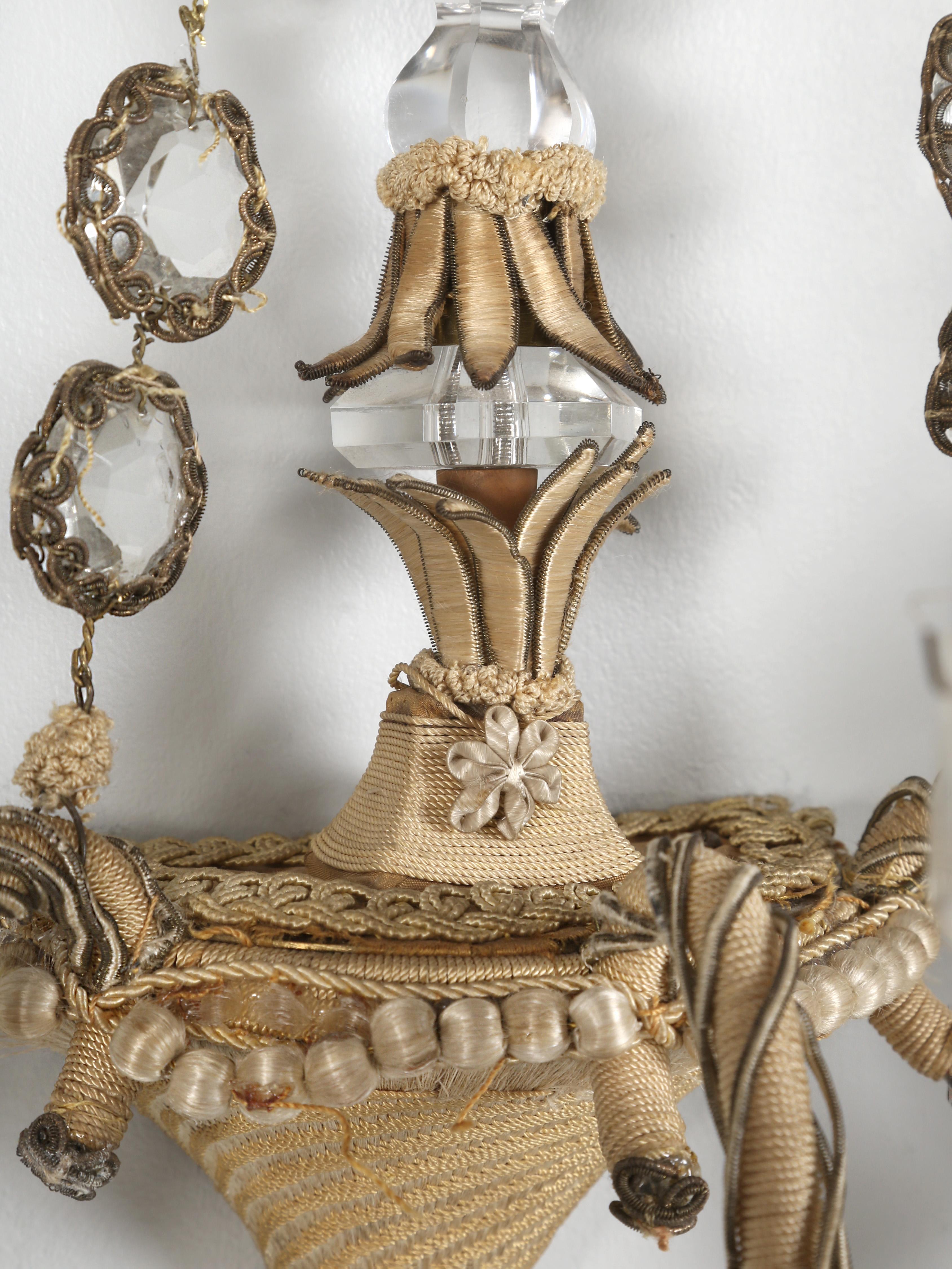 Vintage Pair of French Sconces Accented Finely Wrapped Thread and Rope Details In Good Condition In Chicago, IL