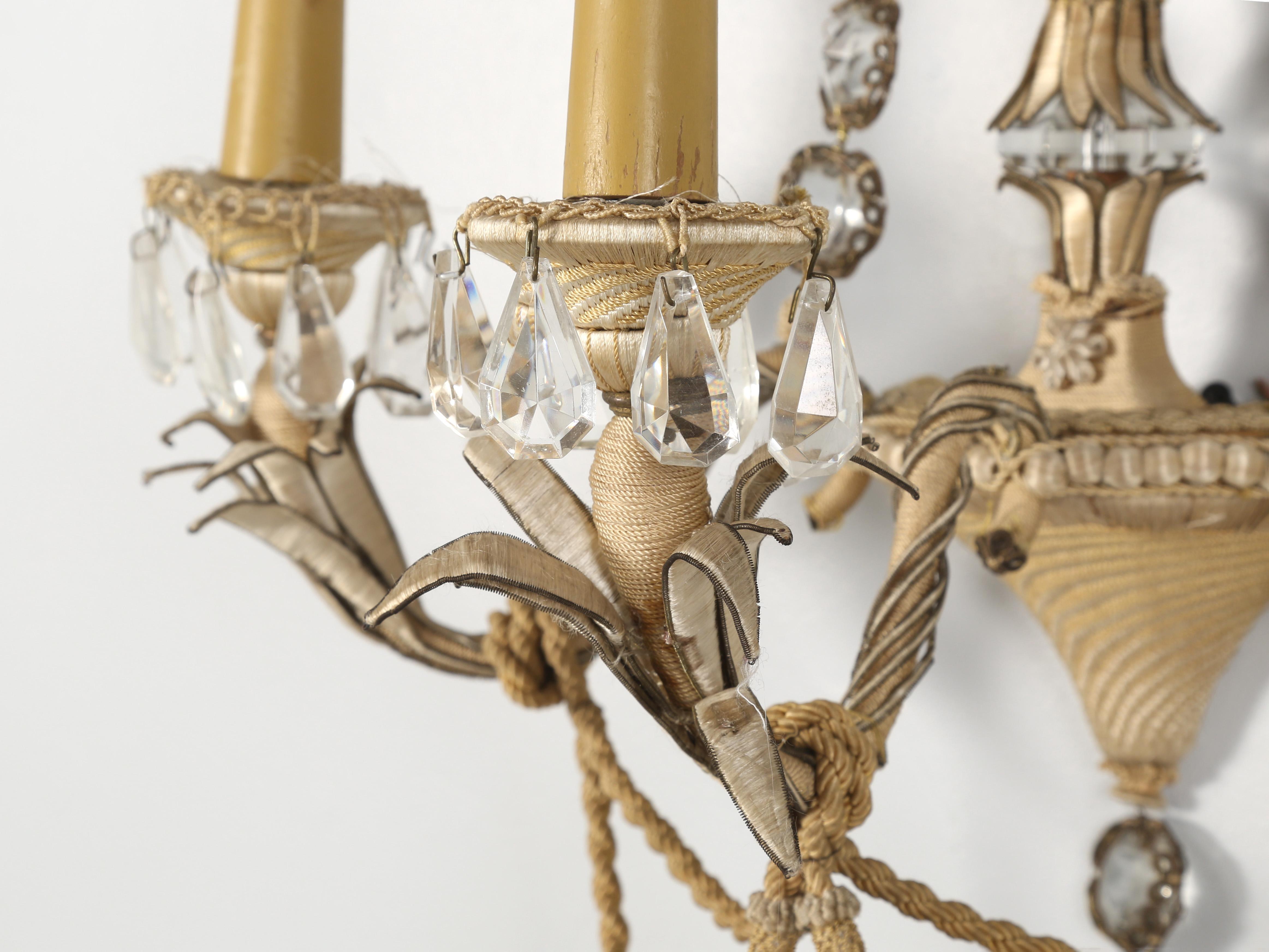 Mid-20th Century Vintage Pair of French Sconces Accented Finely Wrapped Thread and Rope Details