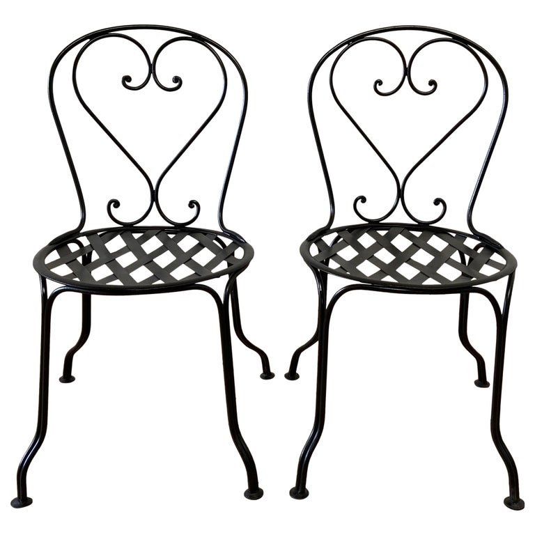 Vintage Pair of French Style Black Iron Bistro Chairs For Sale
