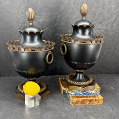 Vintage Pair of French Style Black Tole Metal Lidded Urns