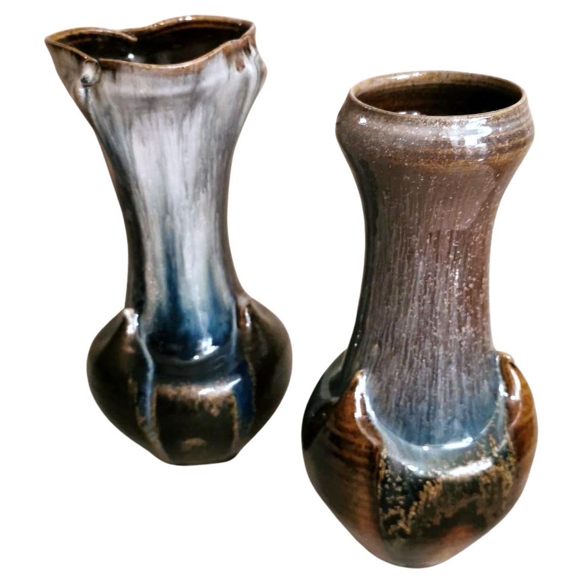 Vintage Pair of French Vases in Colored Porcelain Stoneware 'Gres'