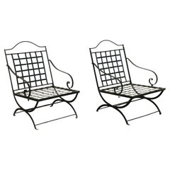 Vintage Pair of French Wrought Iron Folding Patio Chairs by Hervé Baume