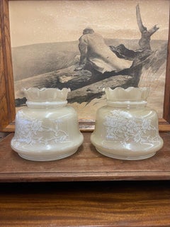 Vintage Pair of Frosted Glass Lamp Shades With Rose Motif