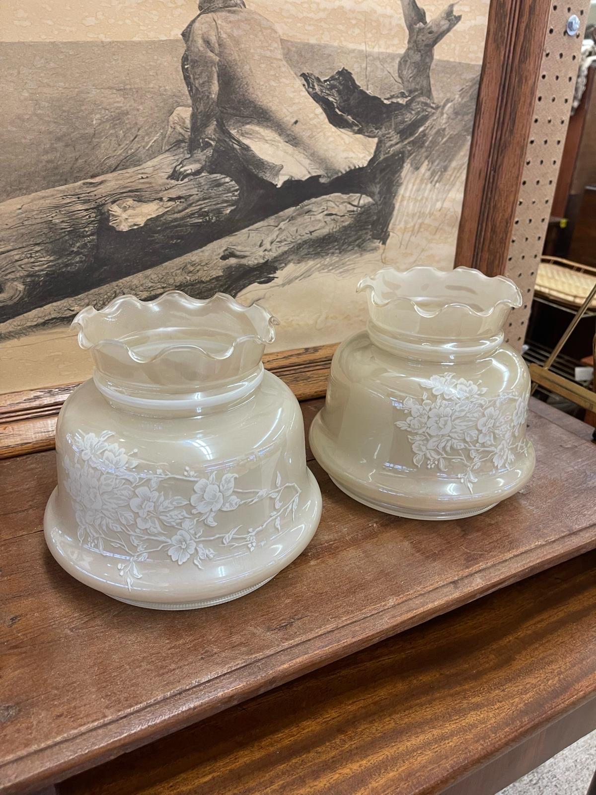 Vintage Pair of Frosted Glass Lamp Shades With Rose Motif In Good Condition For Sale In Seattle, WA