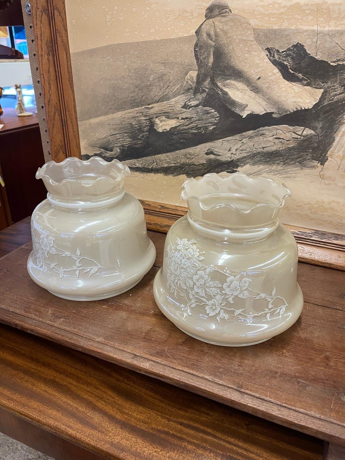 Late 20th Century Vintage Pair of Frosted Glass Lamp Shades With Rose Motif For Sale