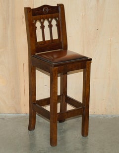VINTAGE PAIR OF FULLY RESTORED BROWN LEATHER ARTS & CRAFTS KITCHEN BAR STOOLs